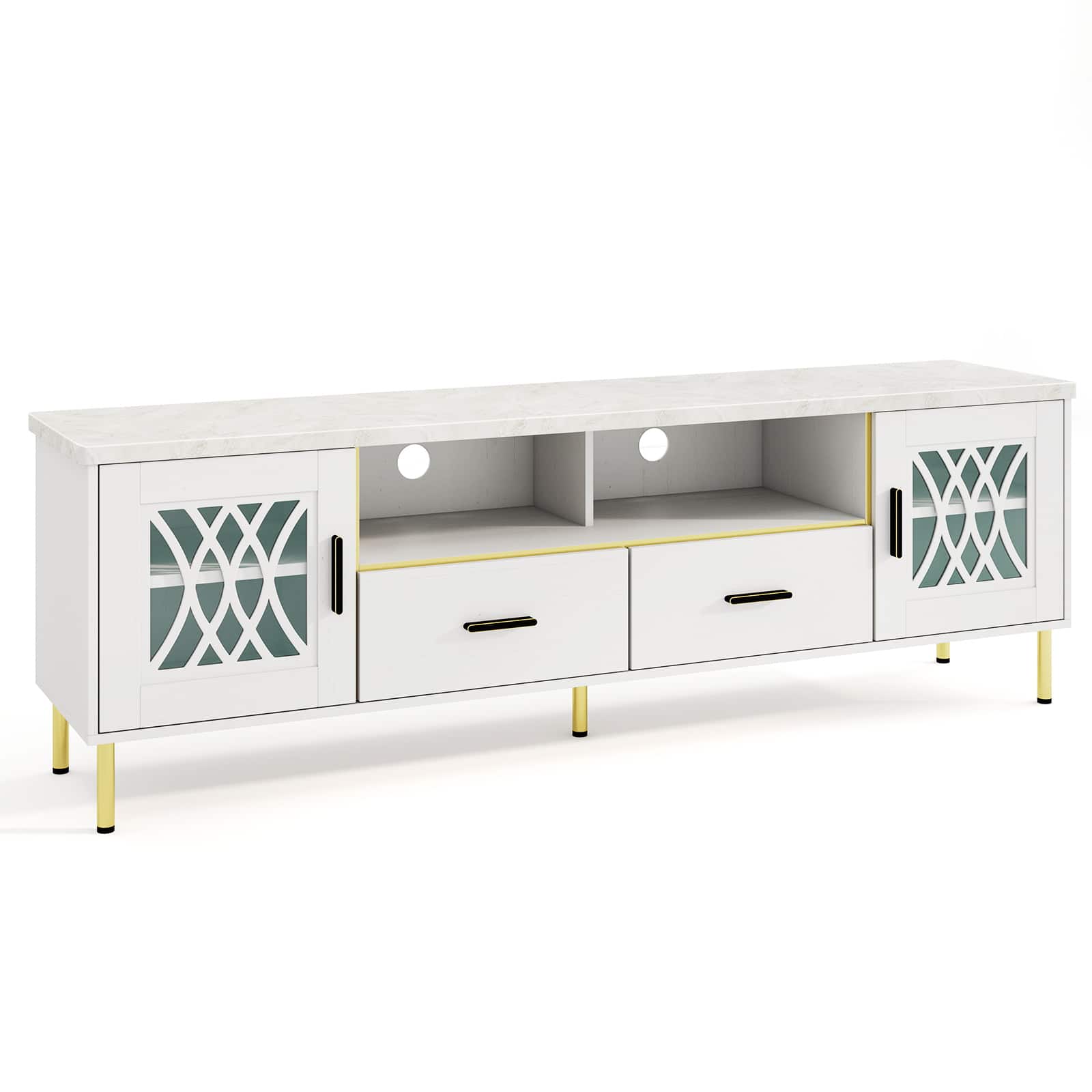 SlickBlue - Modern TV Stand with Glass Doors for Living Room, Media Console Storage Cabinet - White, Gold