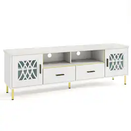 SlickBlue - Modern TV Stand with Glass Doors for Living Room, Media Console Storage Cabinet - White, Gold