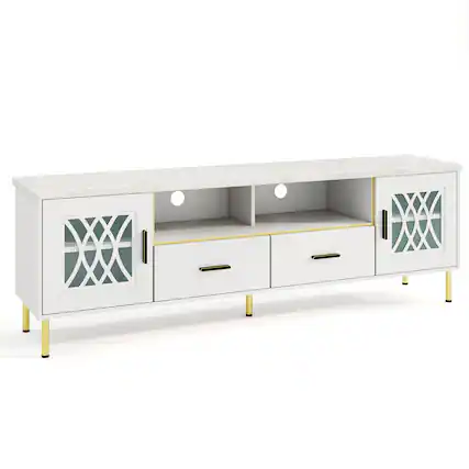 Front. SlickBlue - Modern TV Stand with Glass Doors for Living Room, Media Console Storage Cabinet - White, Gold.