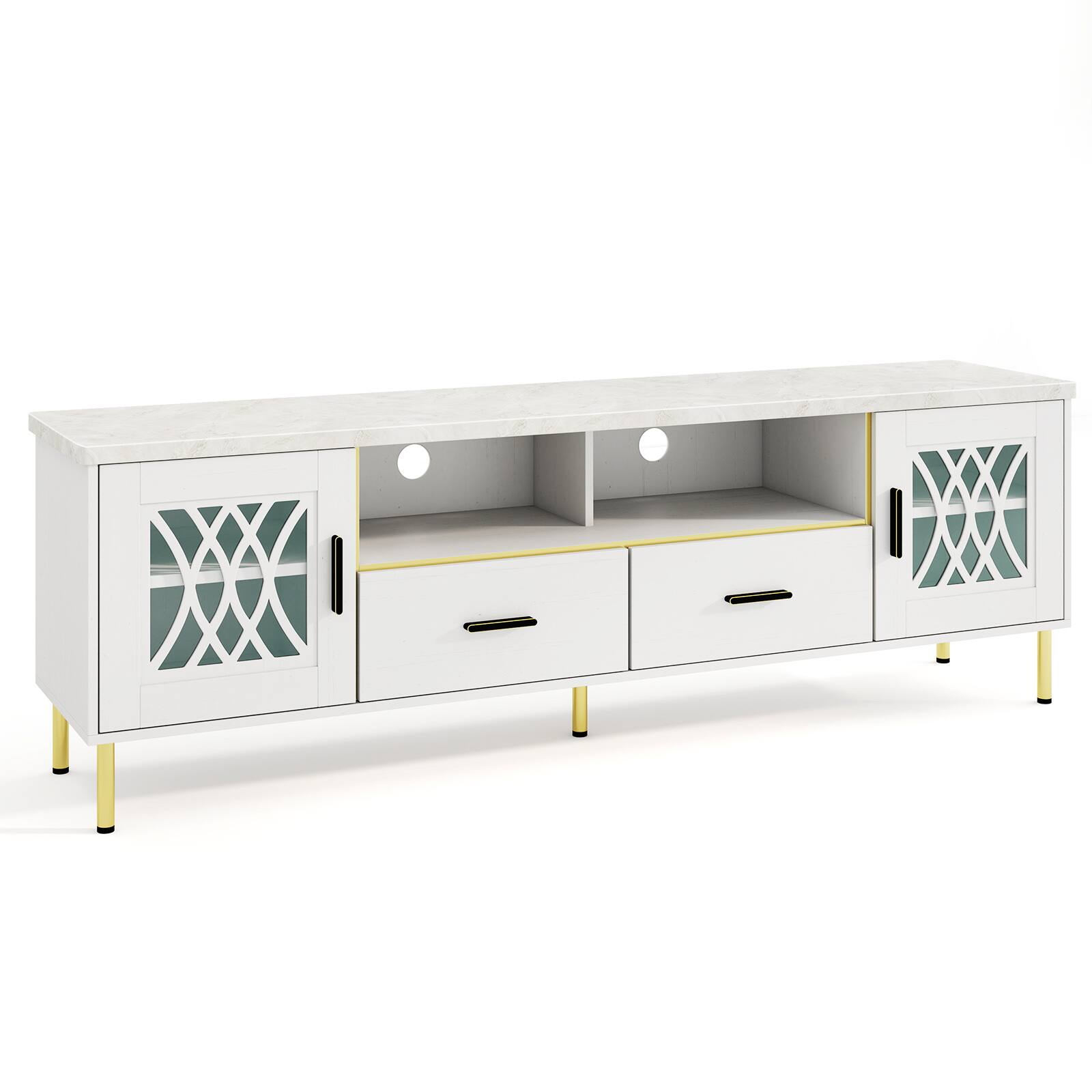 Front. SlickBlue - Modern TV Stand with Glass Doors for Living Room, Media Console Storage Cabinet - White, Gold.