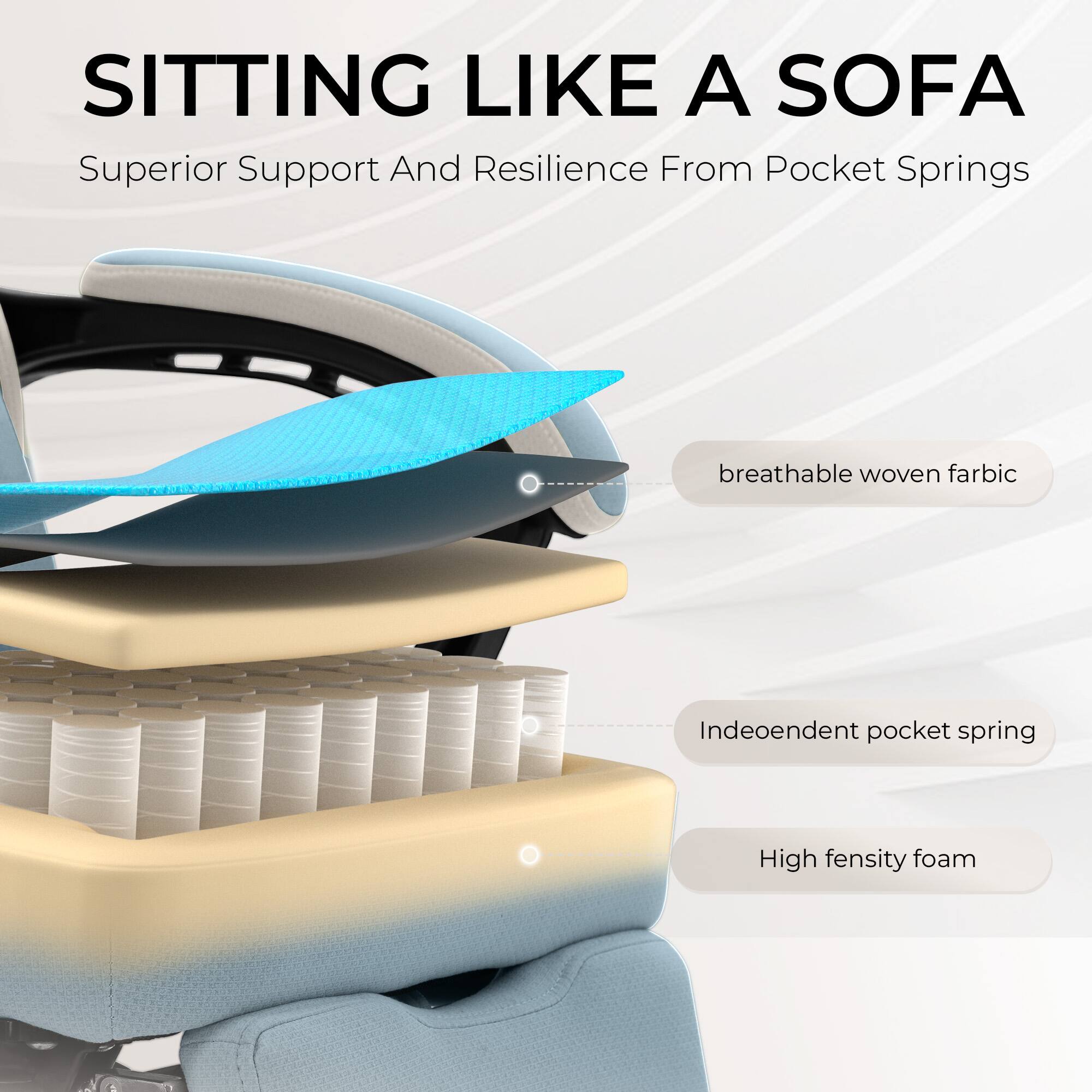 SITTING LIKE A SOFA  
Superior Support And Resilience From Pocket Springs  

- breathable woven fabric  
- Independent pocket spring  
- High density foam