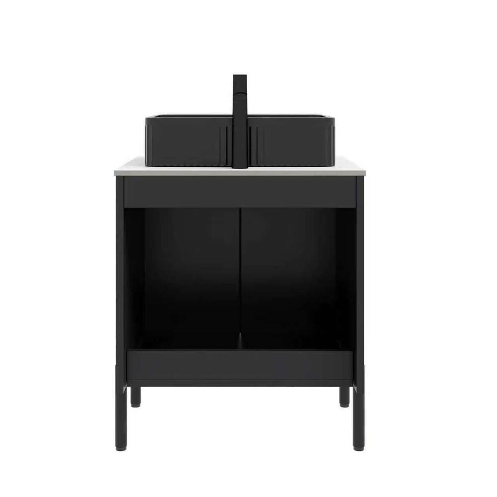 Back. Loheer - 24 inch bathroom vanity with sink, freestanding bathroom storage cabinet, carrara white counter top - Black.