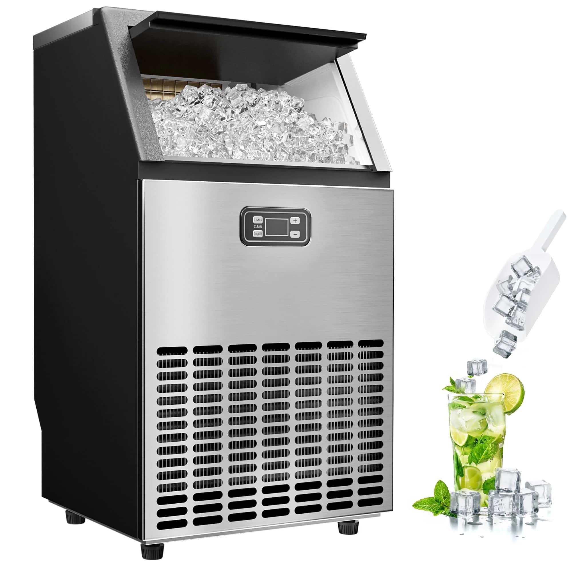 Front. SIMZLIFE - 150lbs/24H Commercial Ice Maker - Stainless Steel, 33lbs Ice Storage, Ideal for Home/Bar/Restaurant - Black silver color scheme.