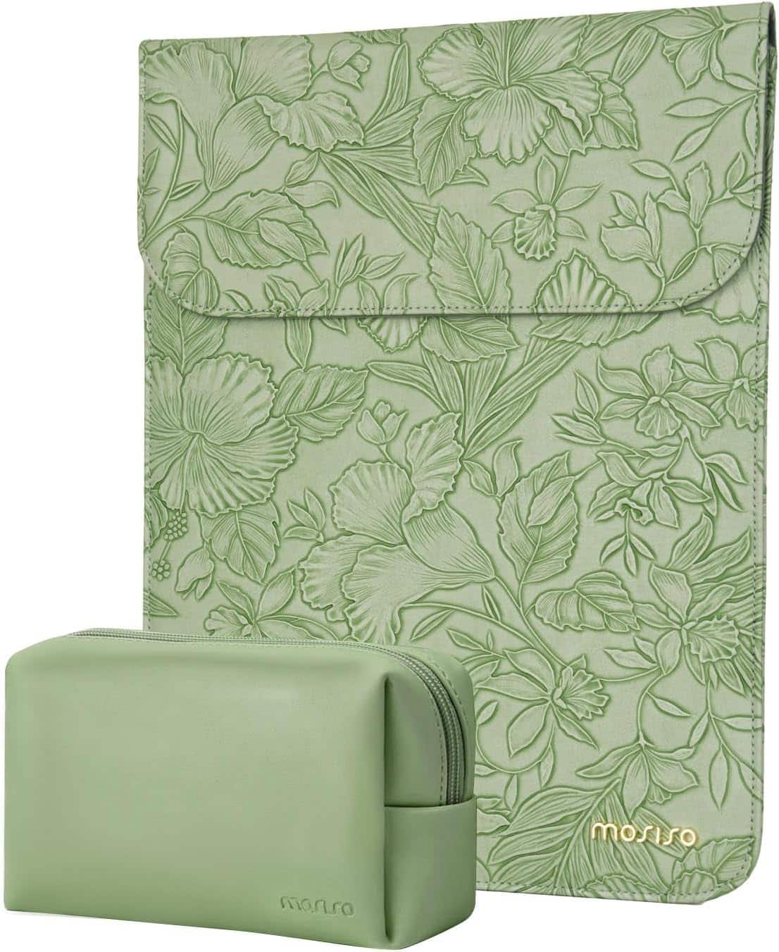 mosiso - Embossed Hibiscus PU Leather Laptop Sleeve 13 Inch with Accessory Pouch for MacBook Neo 13/Air Pro 13 14 M5 M4 M3 M2 M1 - Sage Green