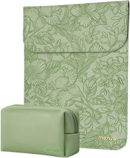 mosiso - Embossed Hibiscus PU Leather Laptop Sleeve 13 Inch with Accessory Pouch for MacBook Neo 13/Air Pro 13 14 M5 M4 M3 M2 M1 - Sage Green