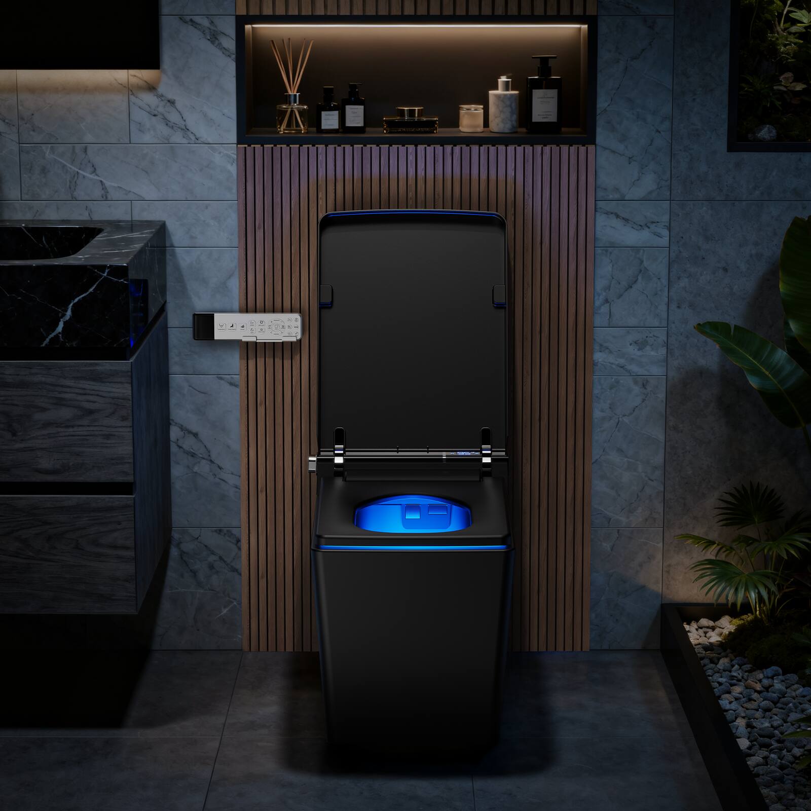 Angle. Koligey - Square Smart Toilet With Advance Bidet Wash, Auto Open Lid, 1.28 GPF Auto Flush - Black.