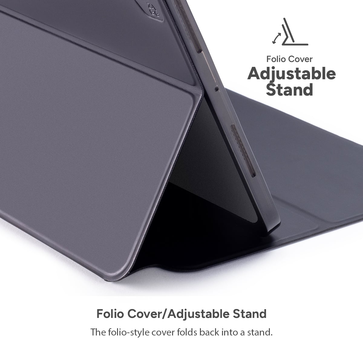 The folio cover/adjustable stand is a product that features a folio-style cover that folds back into a stand.