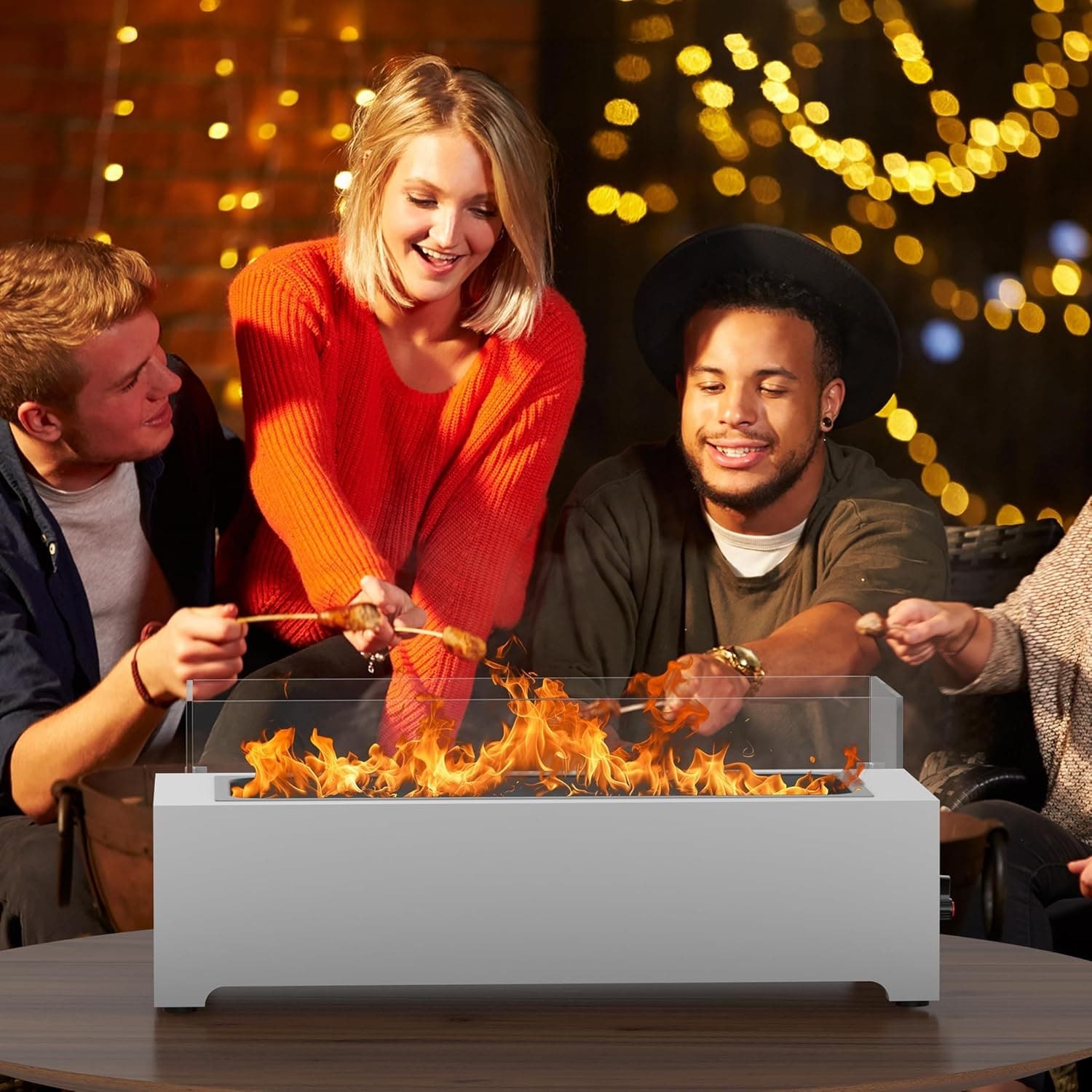 Alt View 3. U-HOMY - 28" Stainless Steel Tabletop Propane Fire Pit, 40,000 BTU Gas Fire Bowl with Glass Rocks & Wind Guard for Indoor/Outdoor.