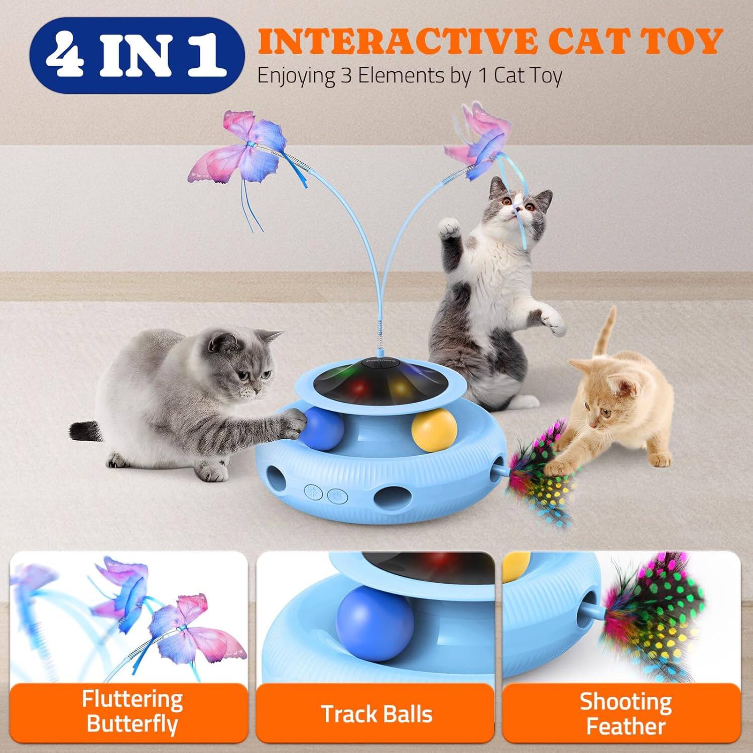 4 IN 1 INTERACTIVE CAT TOY Enjoying 3 Elements by 1 Cat Toy Fluttering Butterfly Track Balls Shooting Feather
