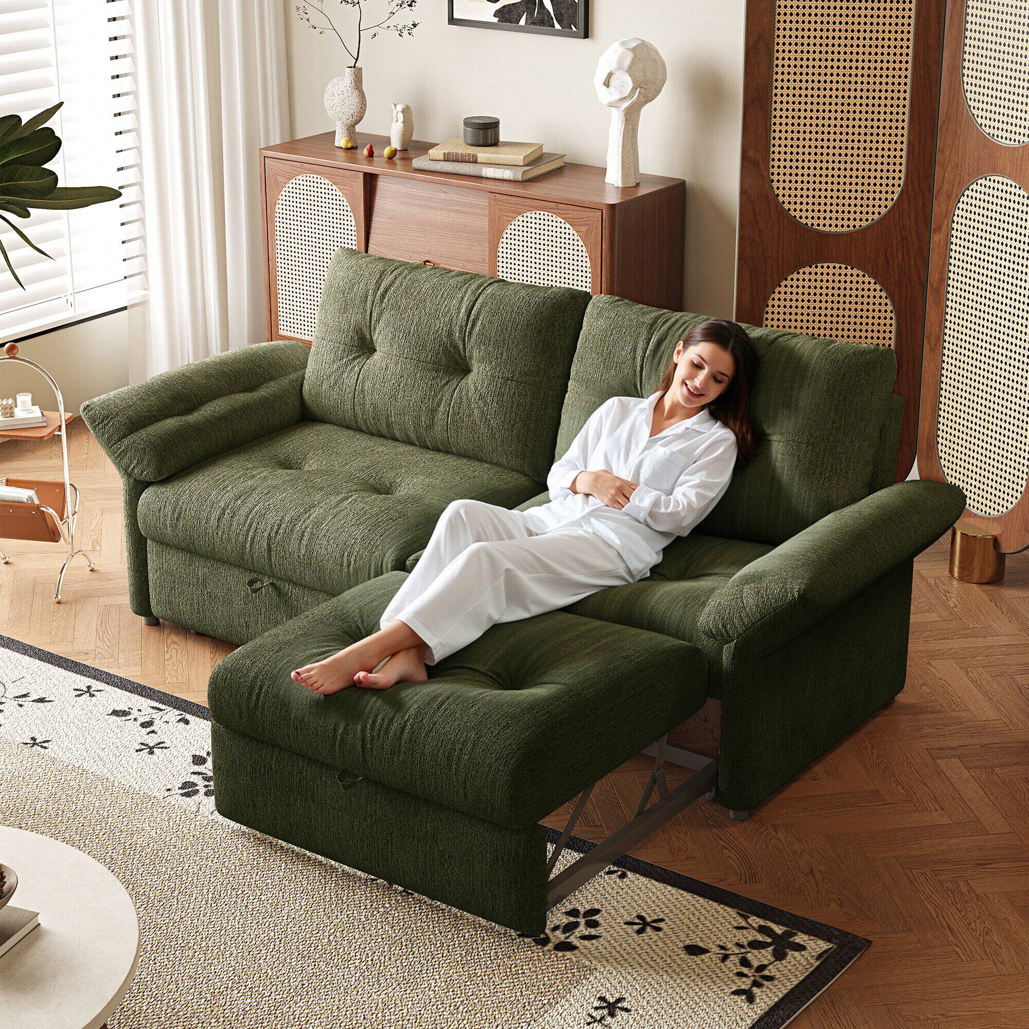 Angle. LUCKY ONE - 81.5" 2-in-1 Convertible Sleeper Sofa Bed, Multifunctional Plush Couch with Pull Out Bed - Green.