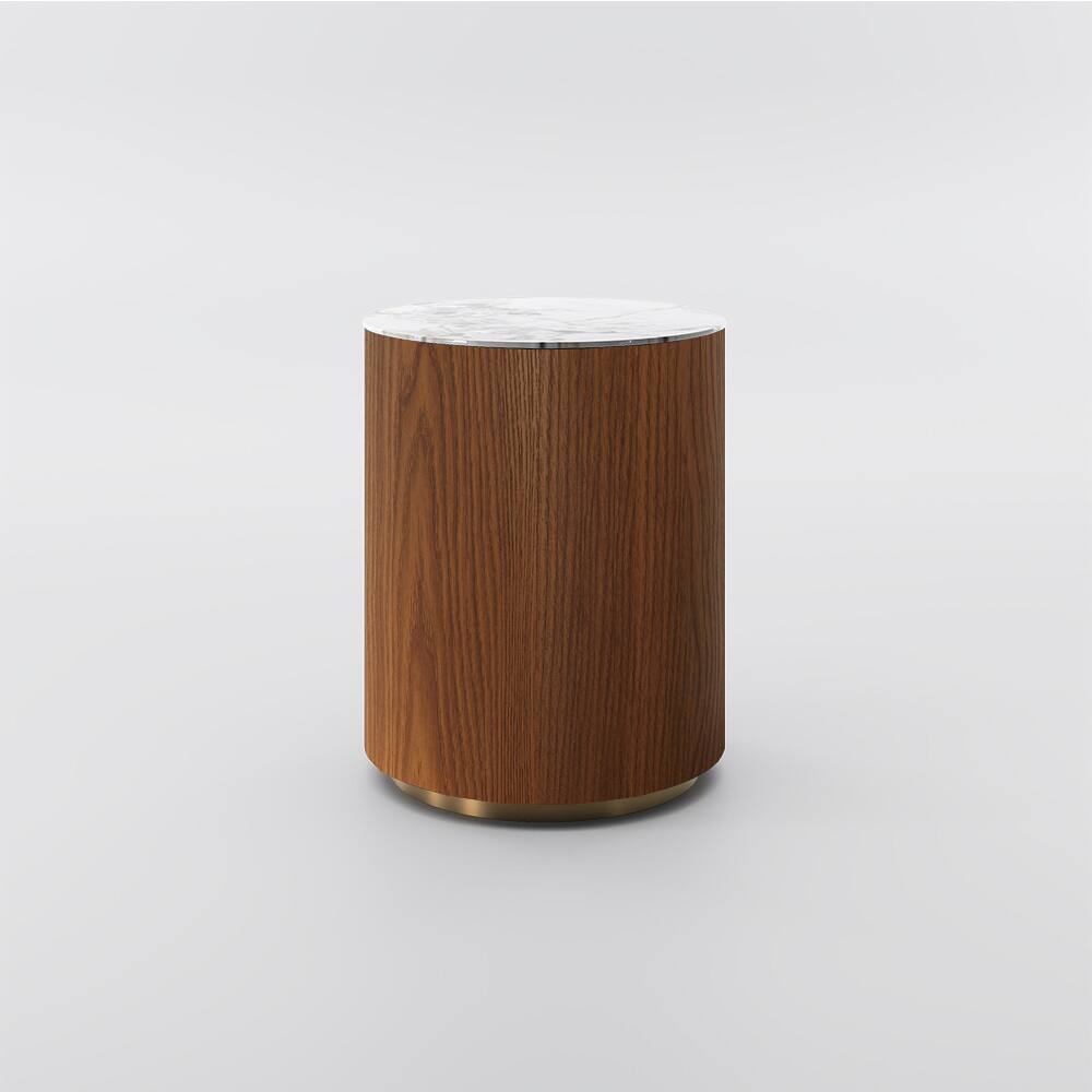 Alt View 5. POVISON - 16.14" Round Walnut Side Table, Modern Sintered Stone Side Table,Modern Minimalist, MDF - Walnut & White.