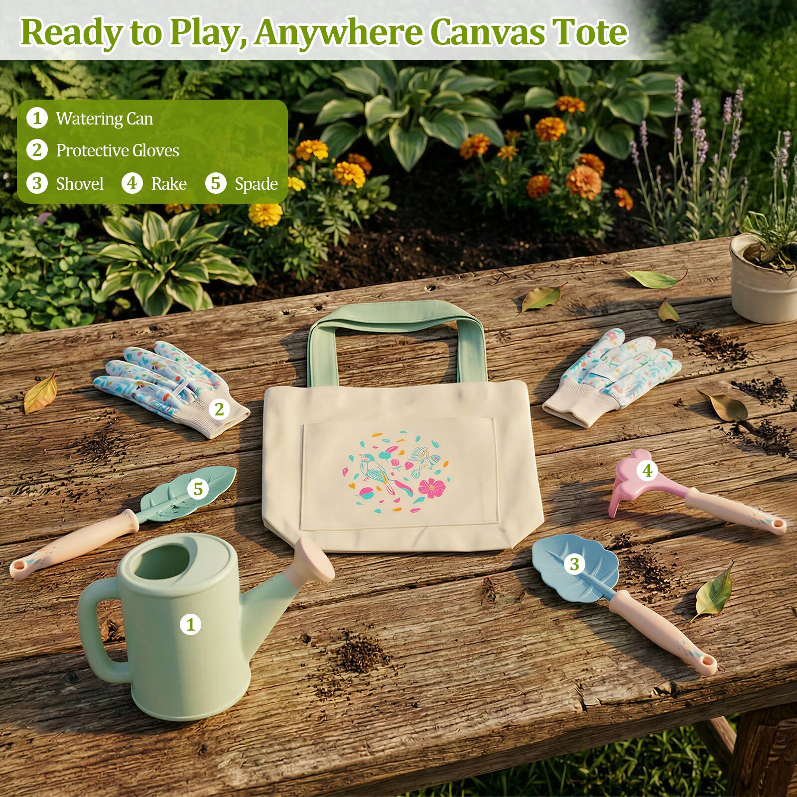 Ready to Play, Anywhere Canvas Tote

1. Watering Can
2. Protective Gloves
3. Shovel
4. Rake
5. Spade