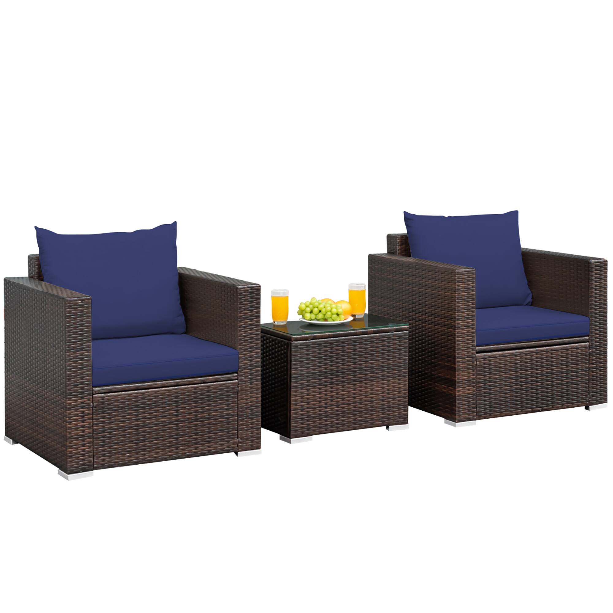 Alt View 9. Costway - Costway 3PCS Patio Rattan Furniture Set Conversation Sofa Cushioned - Navy.