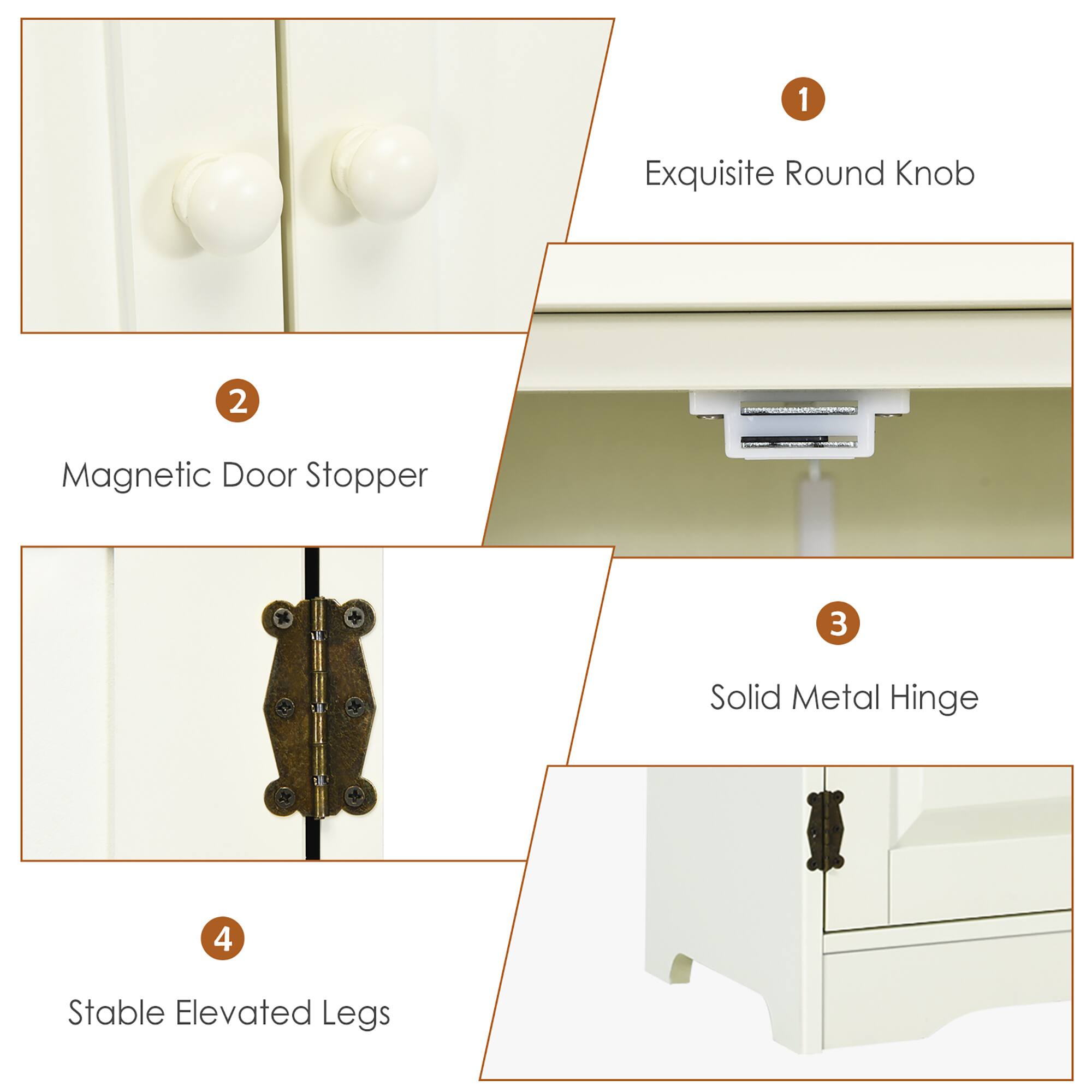 1. Exquisite Round Knob  
2. Magnetic Door Stopper  
3. Solid Metal Hinge  
4. Stable Elevated Legs
