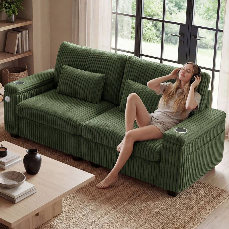 Left. Dyonery - Dyonery 91" Modern Loveseat Sofa, Corduroy 2 Seater Sofa with Storage Armrests,Side Pockets, USB Charging & Cup Holders - Green.