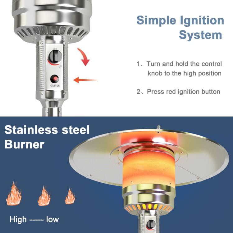 OFF Simple Ignition System 1 Turn and hold the control knob to the high position IGNITER 2 Press red ignition button Stainless steel Burner High ----- low