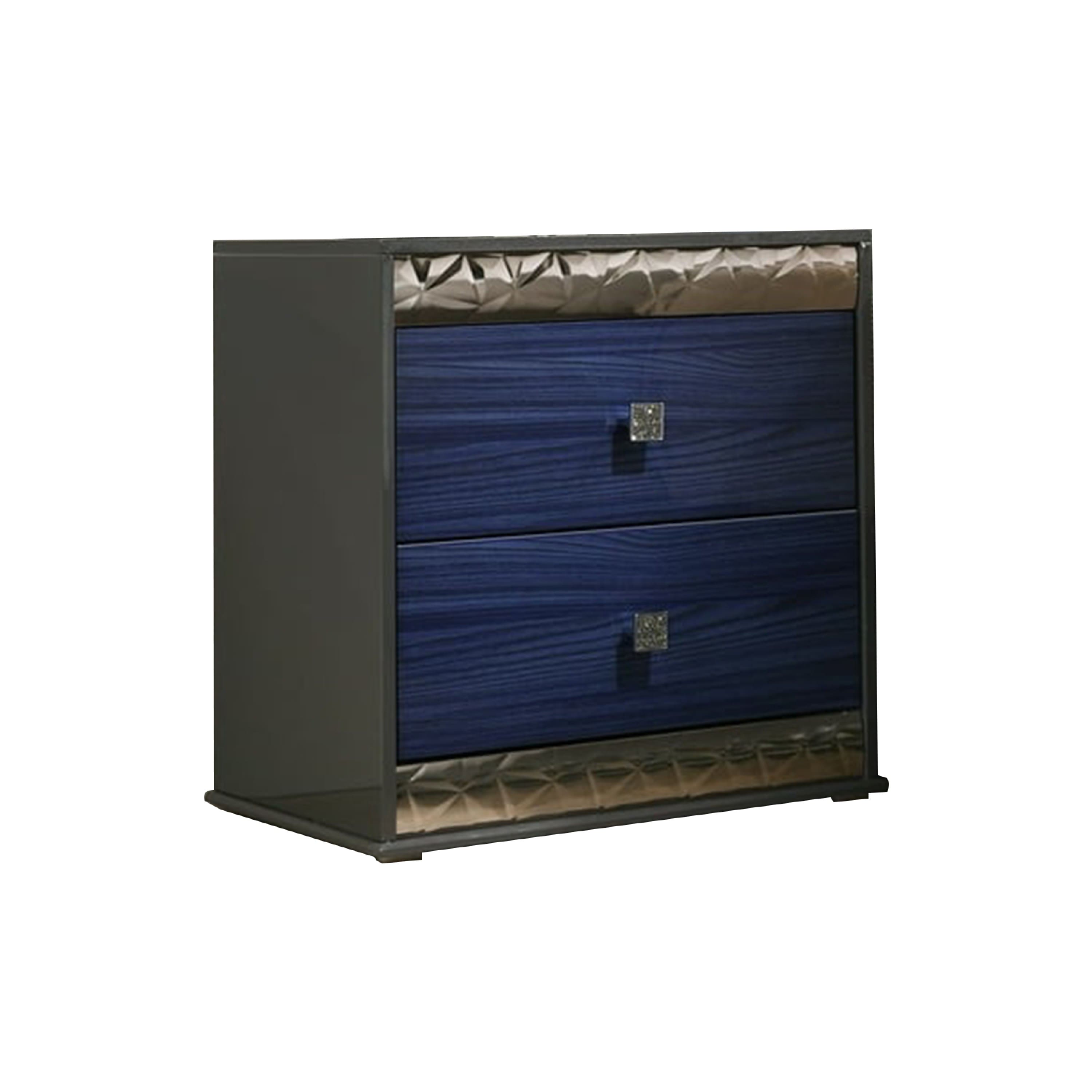 Manhattan Lane - Zara Nightstand w 2 Drawers, Crystal Knobs - Ash Gray, Indigo Blue, Chrome