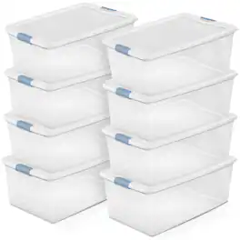 Sterilite - 106 Qt Clear Plastic Stackable Storage Bin w/ White Latch Lid, 8 Pack