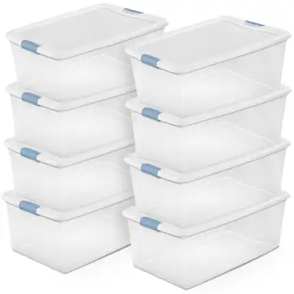 Front. Sterilite - Sterilite 106 Qt Clear Plastic Stackable Storage Bin w/ White Latch Lid, 8 Pack.