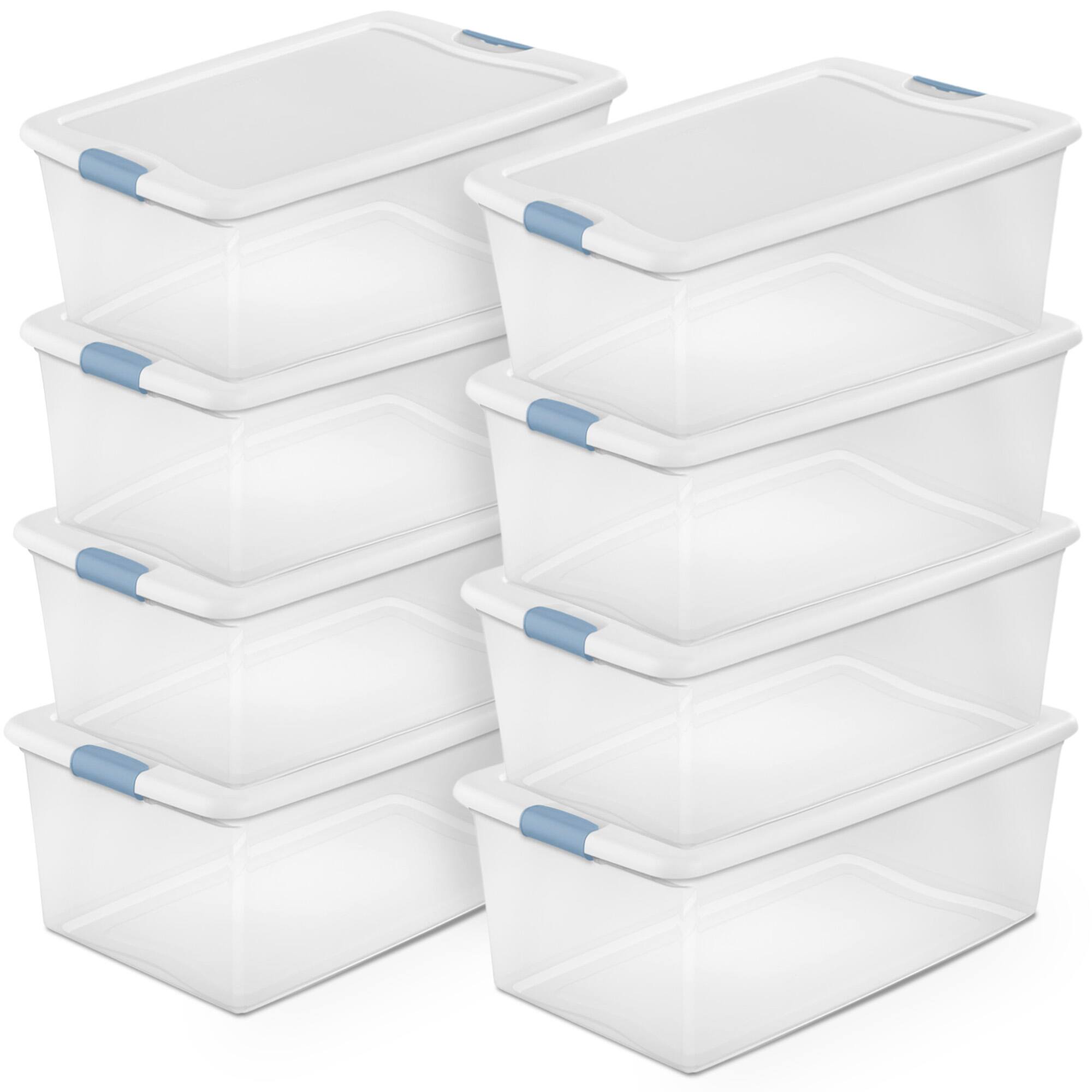 Front. Sterilite - Sterilite 106 Qt Clear Plastic Stackable Storage Bin w/ White Latch Lid, 8 Pack.