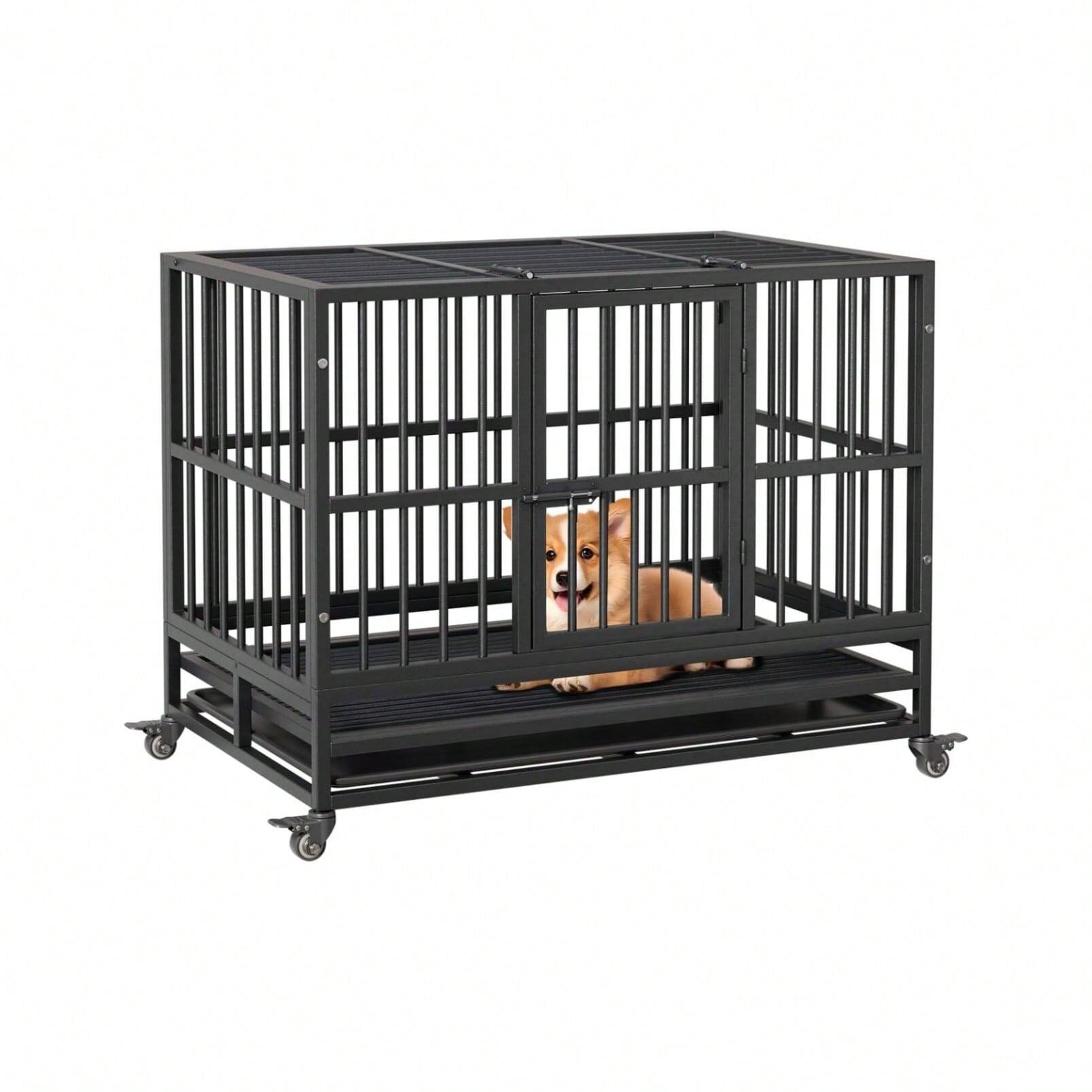 Left. Acekool - 37" Folding Dog Crate with Wheels, Heavy Duty Metal Kennel, Double Door & Removable Tray, Small Breed Crate, Black.