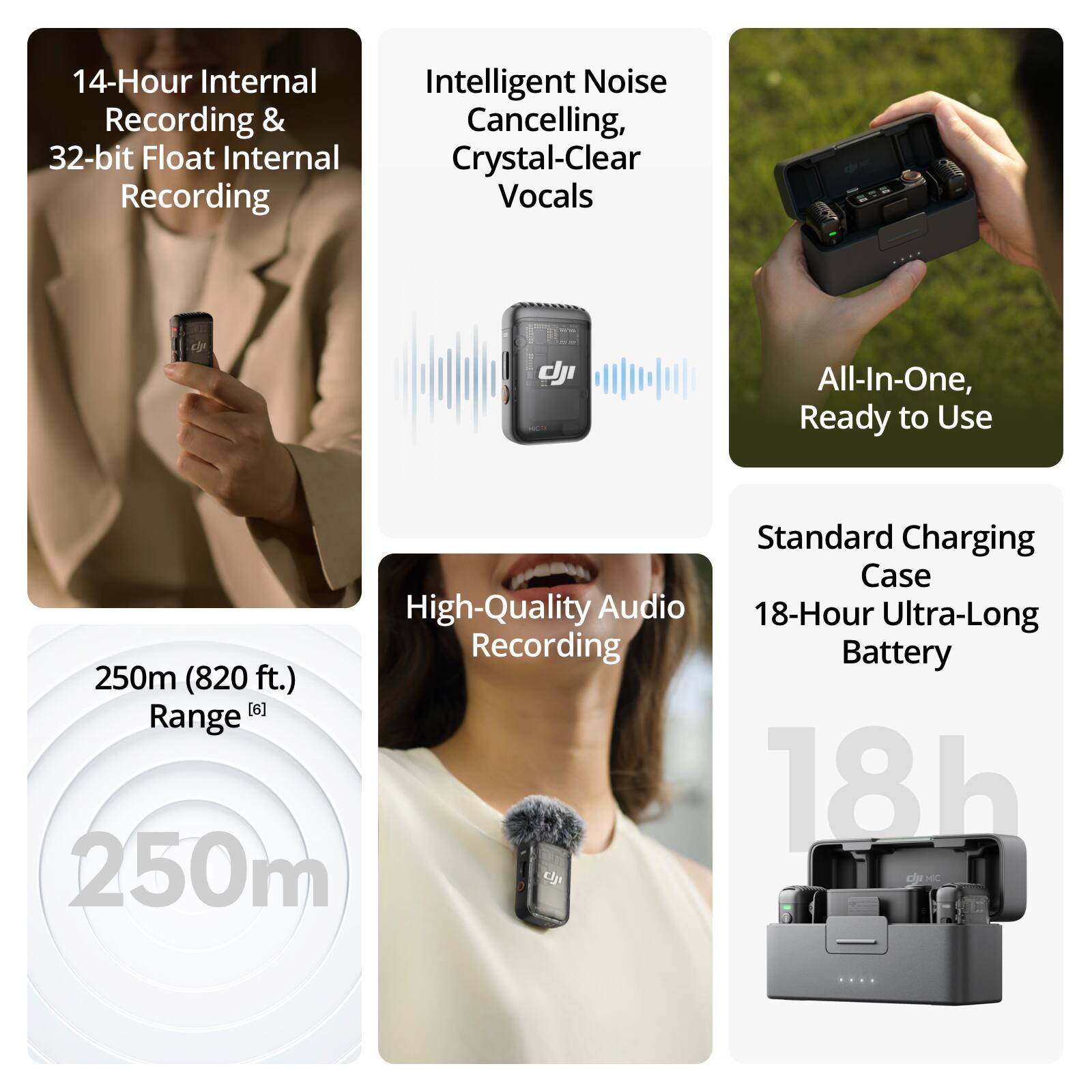 14-Hour Internal Recording & 32-bit Float Internal Recording  
Intelligent Noise Cancelling, Crystal-Clear Vocals  
dji  
All-In-One, Ready to Use  
Standard Charging Case  
High-Quality Audio Recording  
18-Hour Ultra-Long Battery  
250m (820 ft.) Range