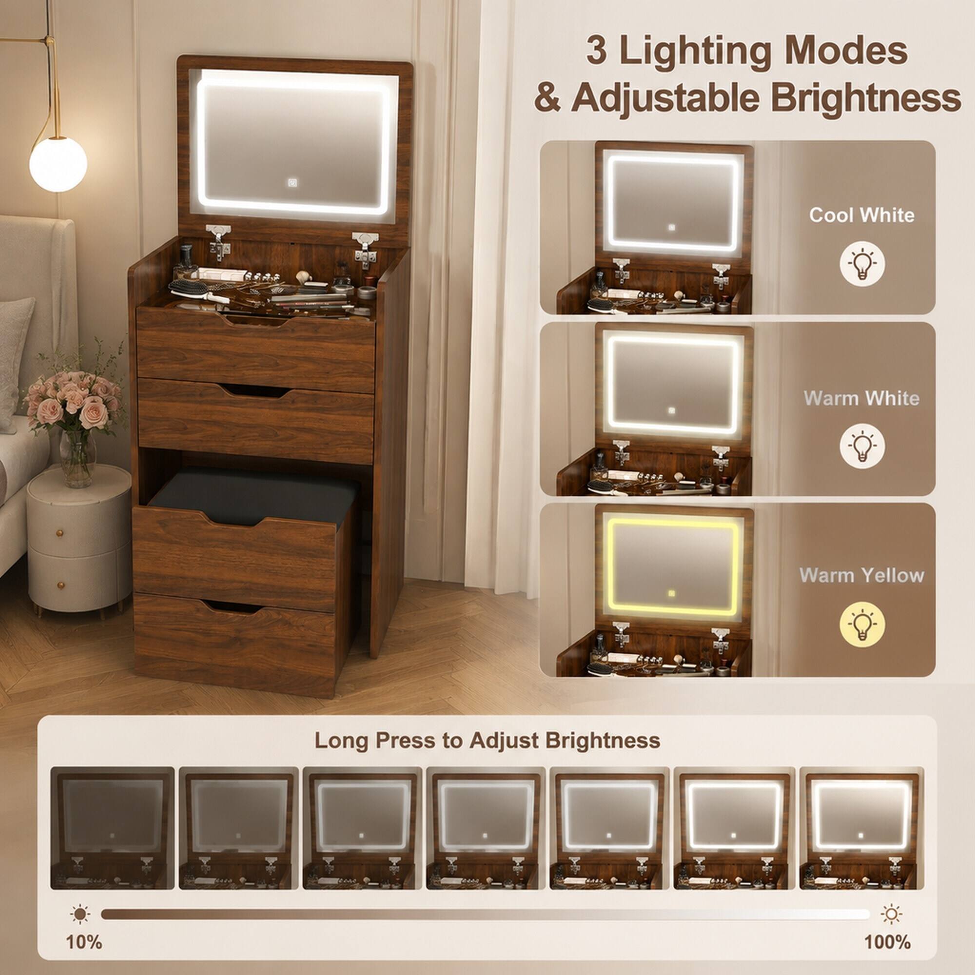 3 Lighting Modes & Adjustable Brightness

Cool White
Warm White
Warm Yellow

Long Press to Adjust Brightness

10%
100%