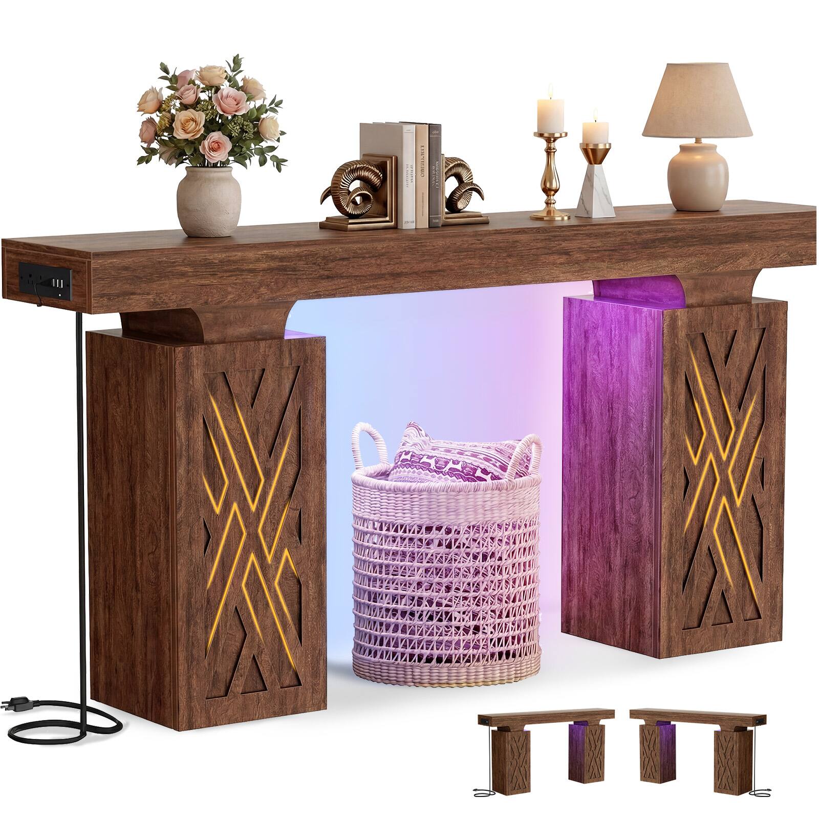 Angle. Aheaplus - 63'' Farmhouse Console Table with Charging Station and LED Lights - Cracked Oak.