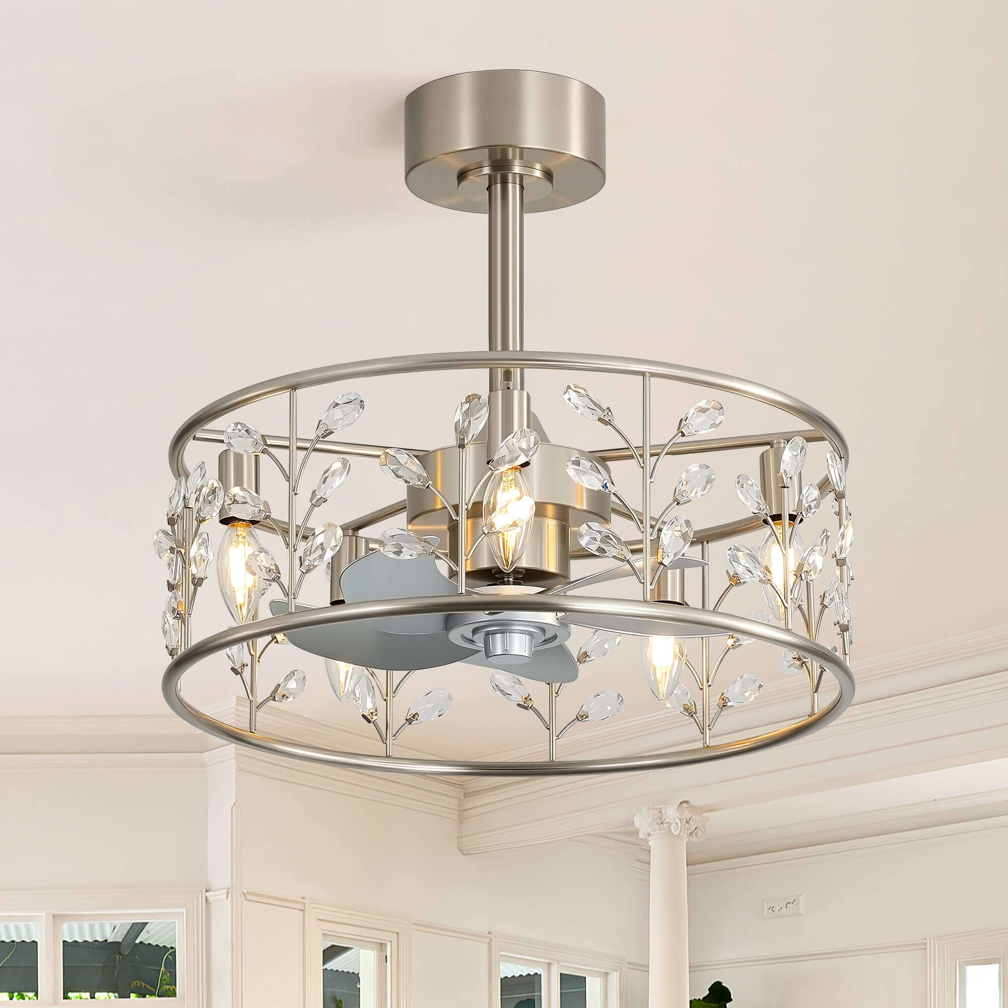 Alt View 2. Breezary - 20-Inch Cage Ceiling Fan with 5-Light Fixture, Crystal Accents, 5 ABS Blades, DC Motor, 6 Speeds and Remote Control - Satin Nickel and Silver.