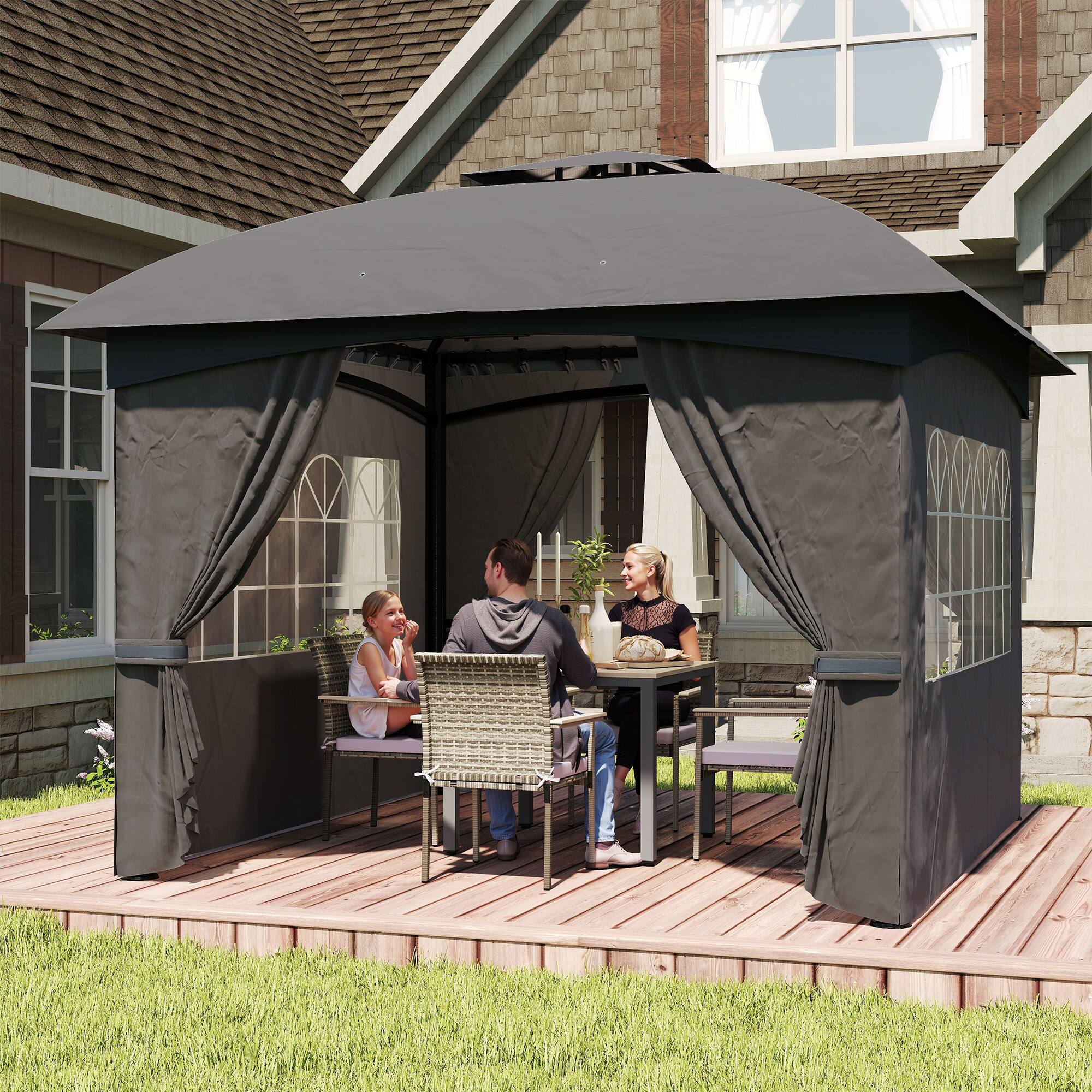 Alt View 1. Outsunny - x 11' Outdoor Gazebo, Double Roof Patio Gazebo with Curtains, Church Windows, Galvanized Steel Frame - Dark Gray.