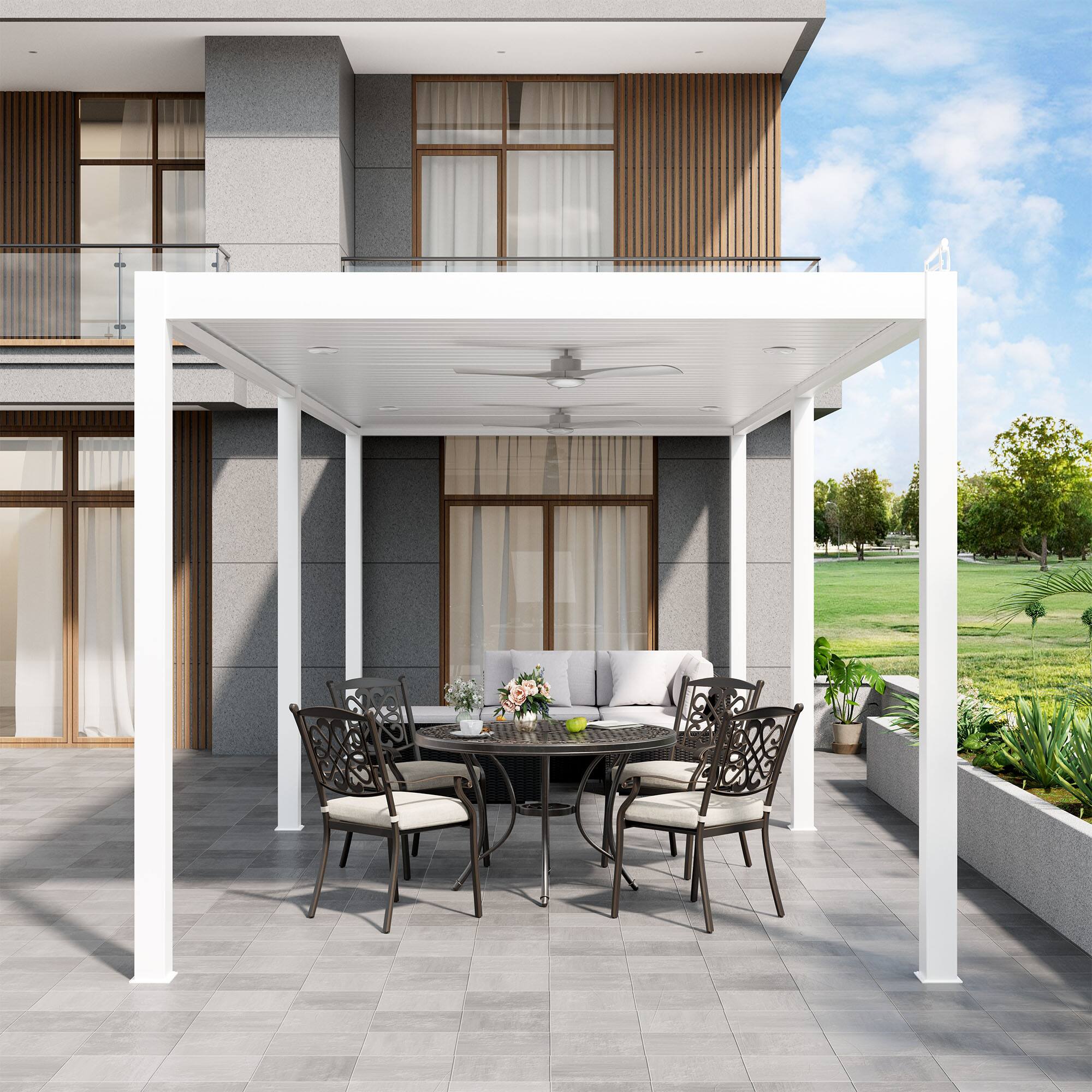 Angle. Mondawe - 10ft x 26ft Solar-Powered Aluminum Pergola with Adjustable Louvers and Hidden Drainage System - White.