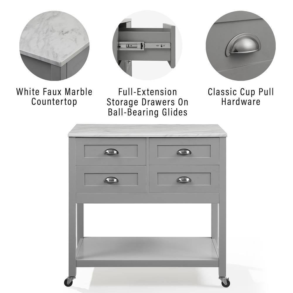 White Faux Marble Full-Extension Countertop Storage Drawers On Ball-Bearing Glides Classic Cup Pull Hardware