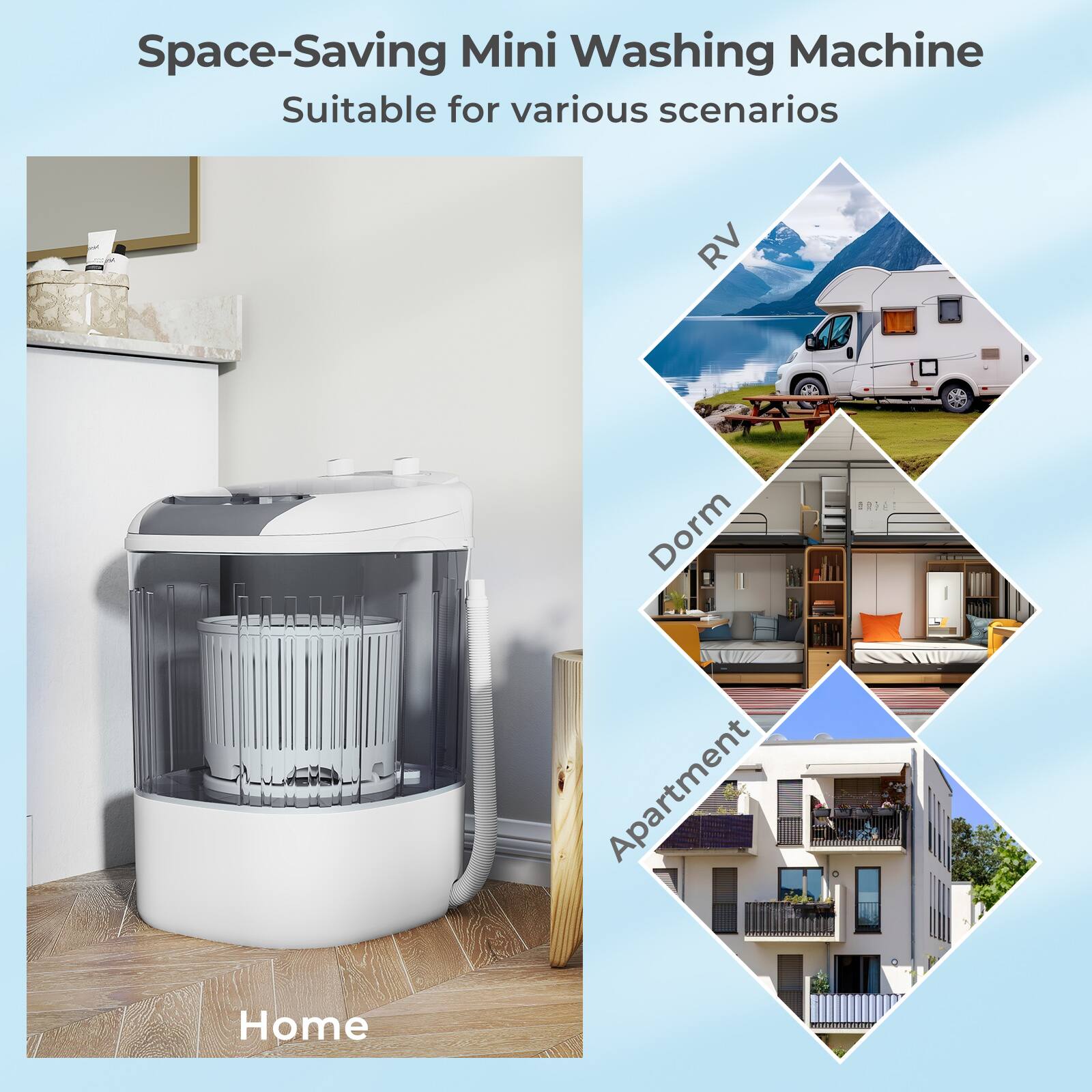 Space-Saving Mini Washing Machine  
Suitable for various scenarios  

- RV  
- Dorm  
- Apartment  
- Home