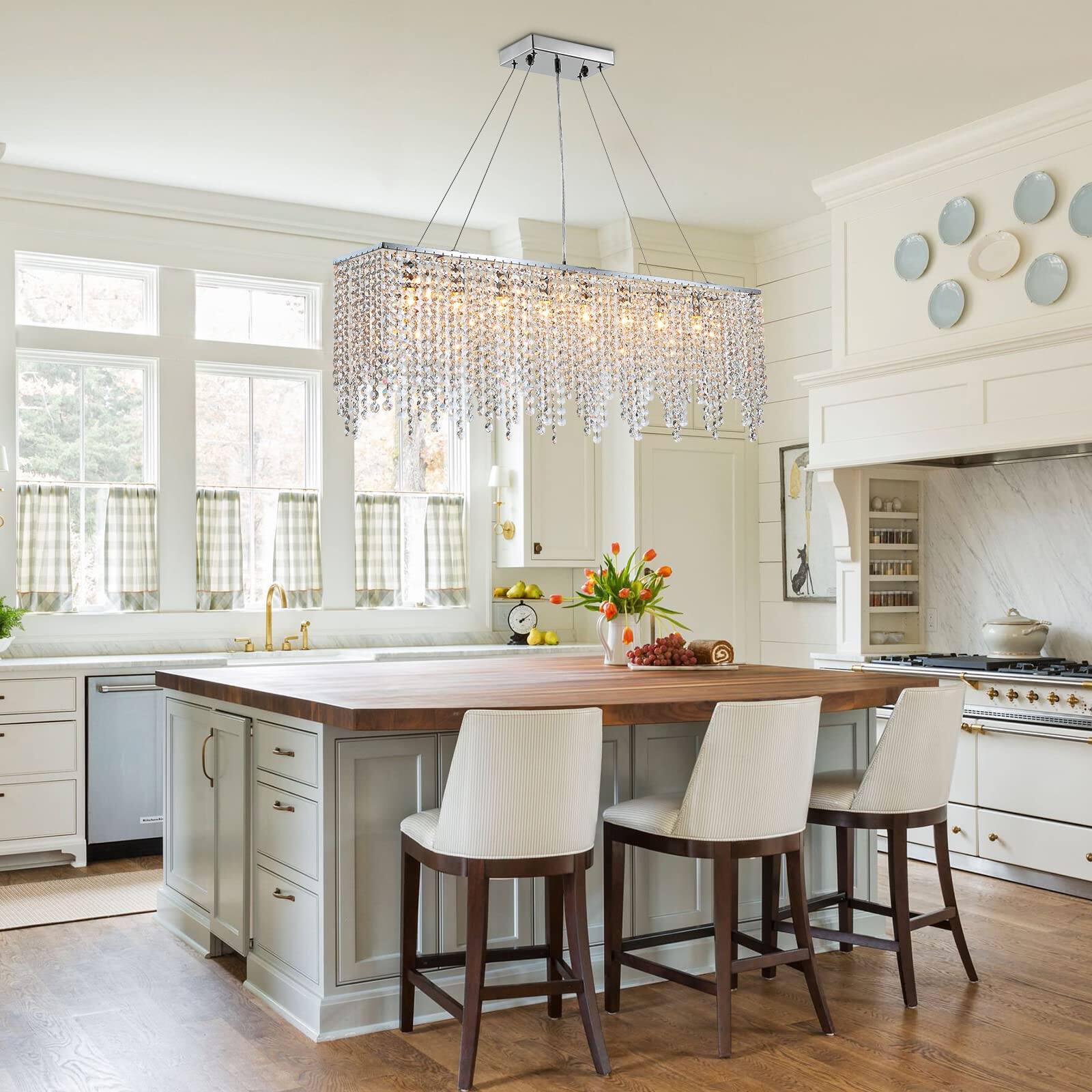 Left. Siljoy - 8 Lights Modern Linear Rectangle L40, Pendant Lighting for Dining Room & Kitchen Island - Silver.