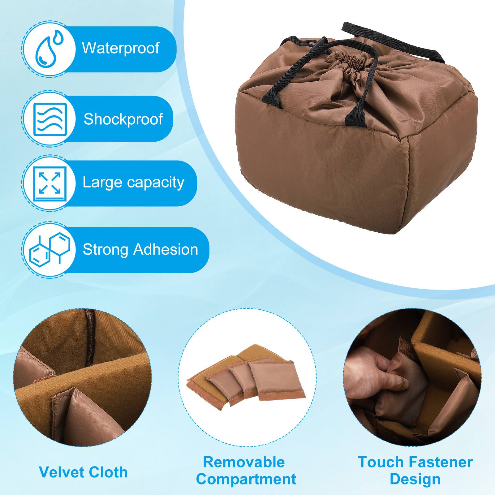 Waterproof  
Shockproof  
Large capacity  
Strong Adhesion  
Velvet Cloth  
Removable Compartment  
Touch Fastener Design