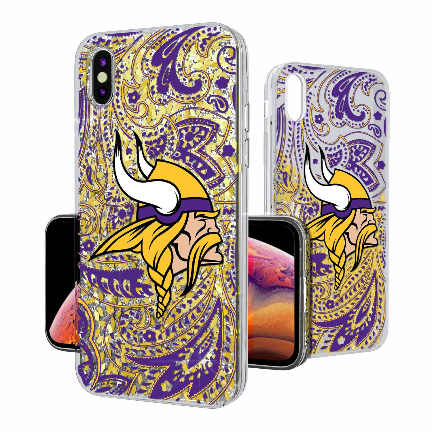 Alt View 1. Keyscaper - Minnesota Vikings iPhone Paisley Design Glitter Case - 14 Pro - Multicolor.