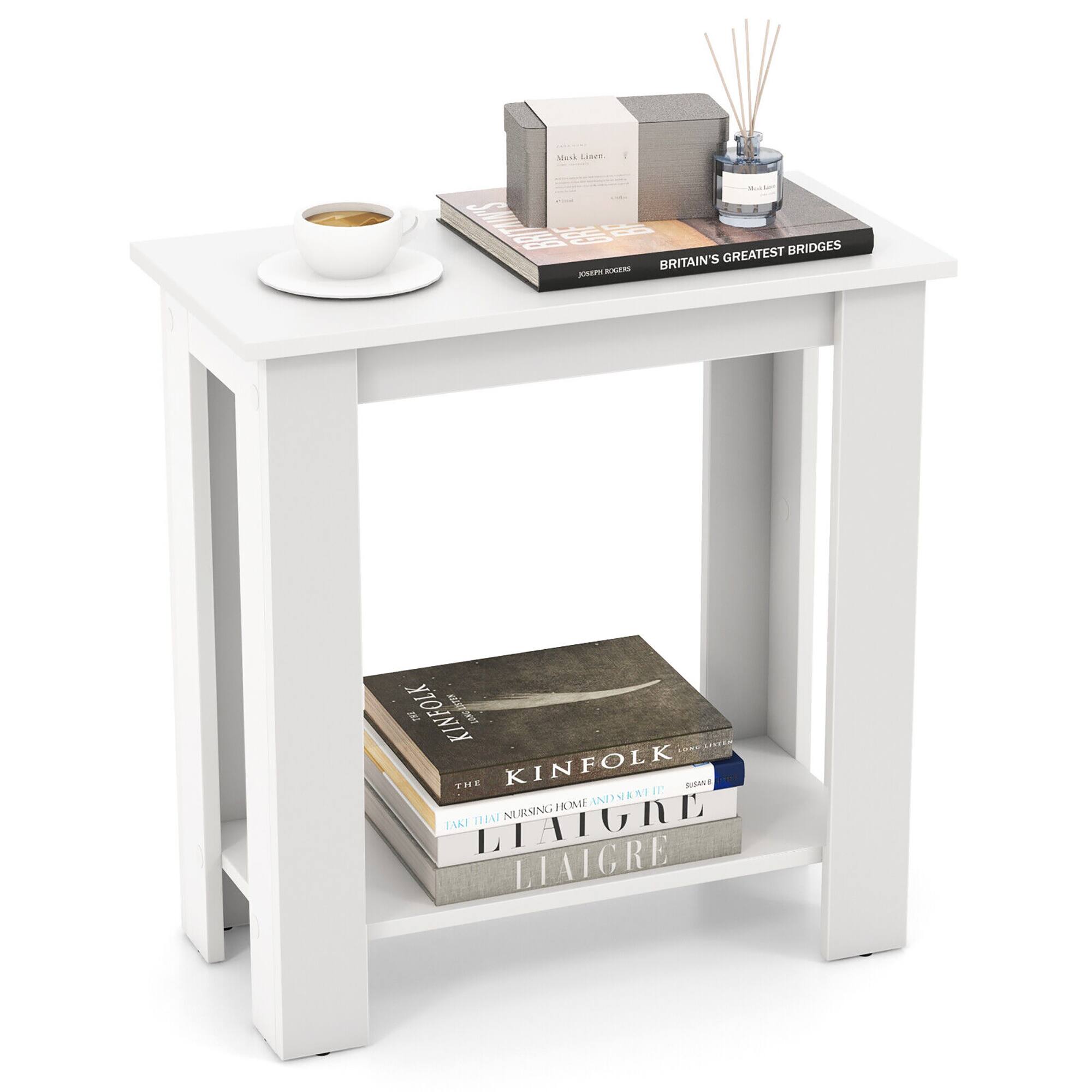 Gymax - 2-Tier End Table Modern Sofa Bedside Table Compact Nightstand with Storage Shelf - White
