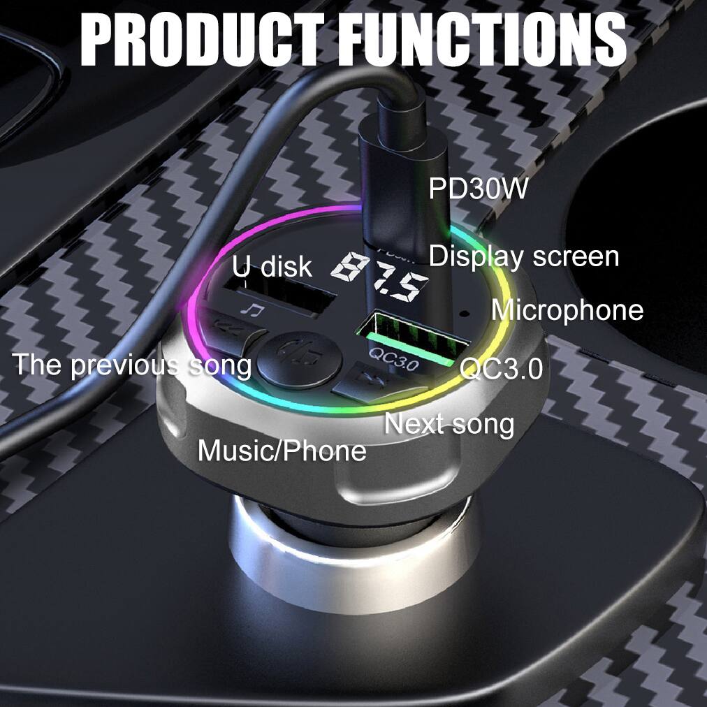 PRODUCT FUNCTIONS

- PD30W
- U disk
- Display screen
- Microphone
- The previous song
- QC3.0
- Next song
- Music/Phone