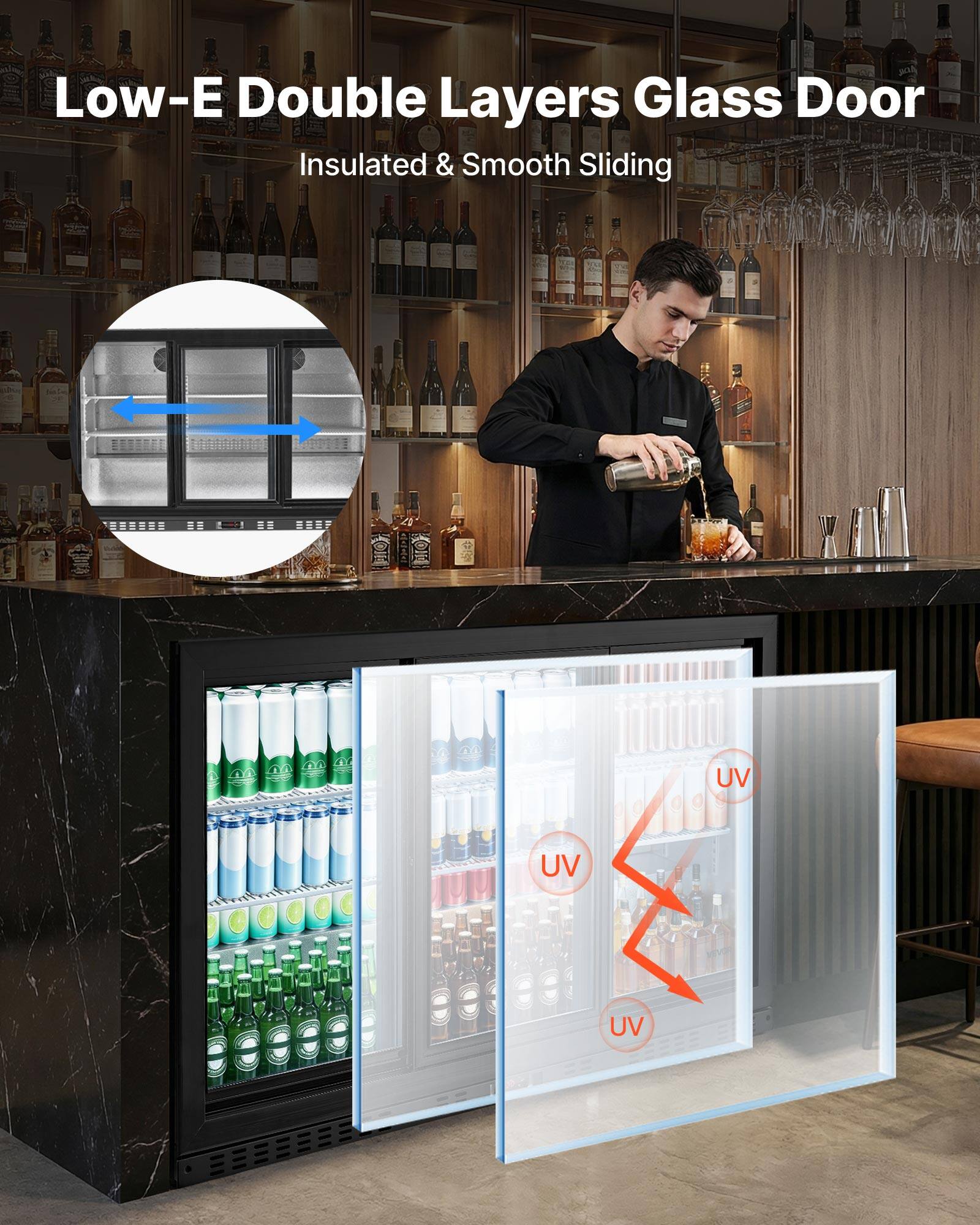 Low-E Double Layers Glass Door  
Insulated & Smooth Sliding  
UV
