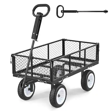 Front. VEVOR - Garden Cart, 900 LBS, Heavy Duty Steel Yard and Garden Utility Wagon with 10-Inch Tires, Outdoor Gardening Stool - Black.