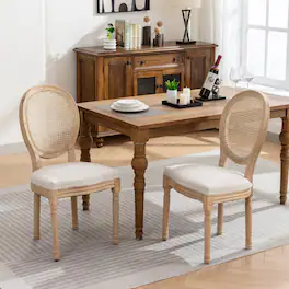 GOODSILO - French Style Solid Wood Dining Chairs with Linen Upholstery and Rattan Backrest, Set of 2 - Beige