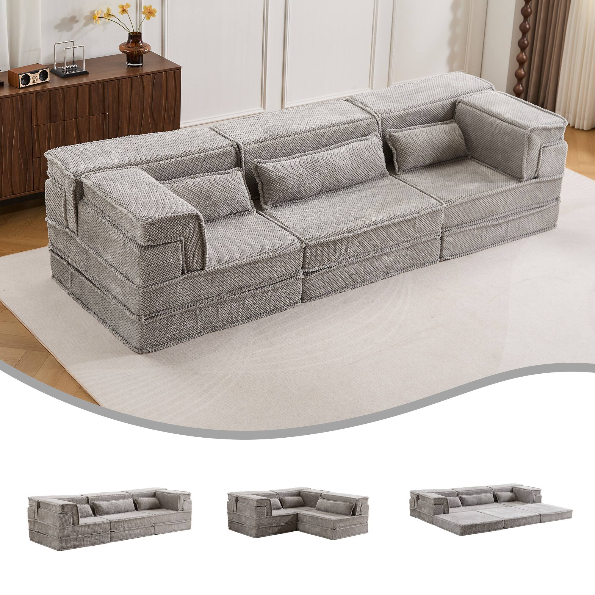 Alt View 4. Whisen - 3-Seater Modular Mahjong Sofa Bed, Circle Fleece Fabric Convertible Floor Sectional, No Assembly Required - Light Gray.