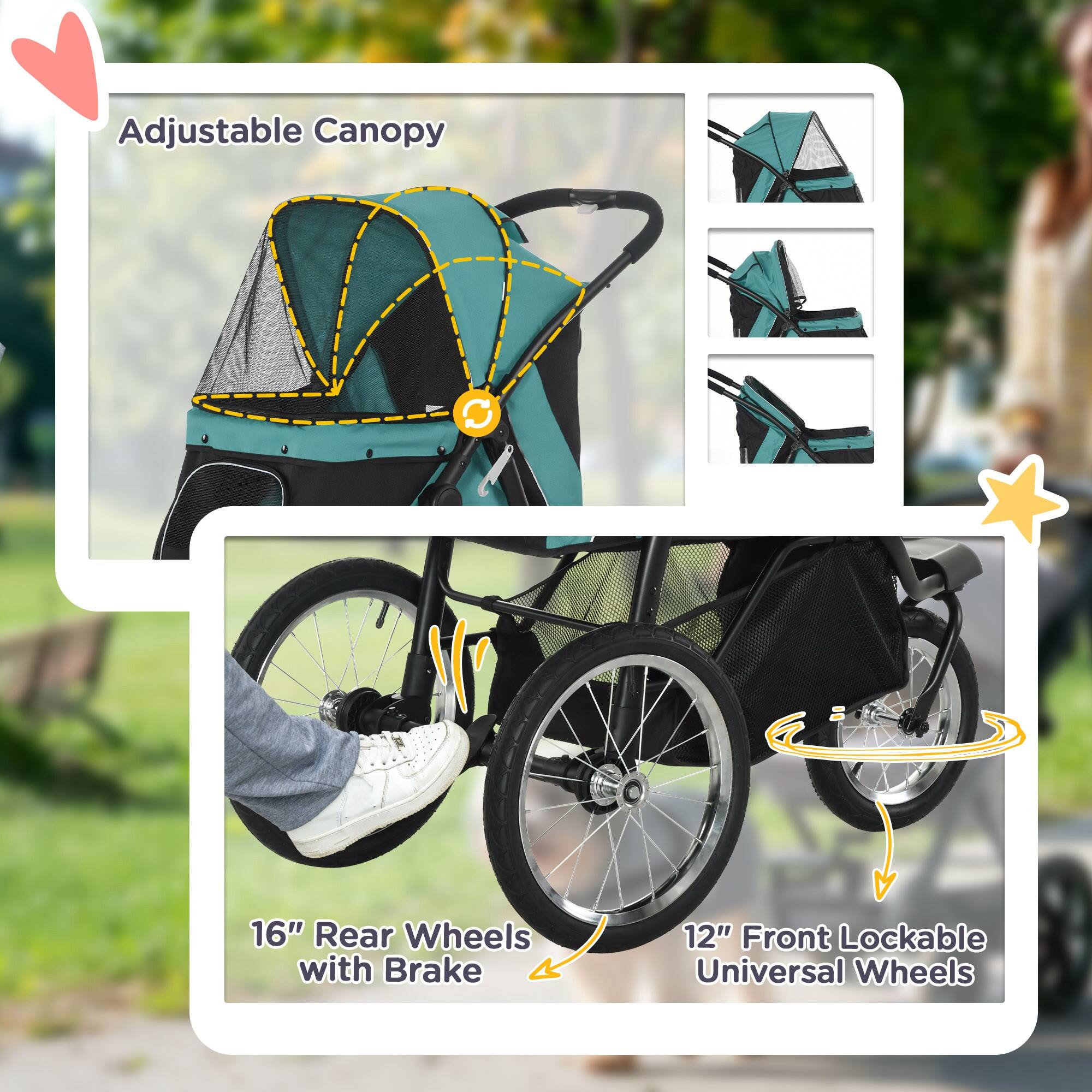 Adjustable Canopy  
16" Rear Wheels with Brake  
12" Front Lockable Universal Wheels