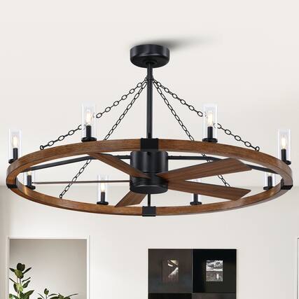 Front. Parrot Uncle - 52" Rustic Farmhouse Wagon Wheel Candle Ceiling Fan Chandelier with Light and Remote - Black.