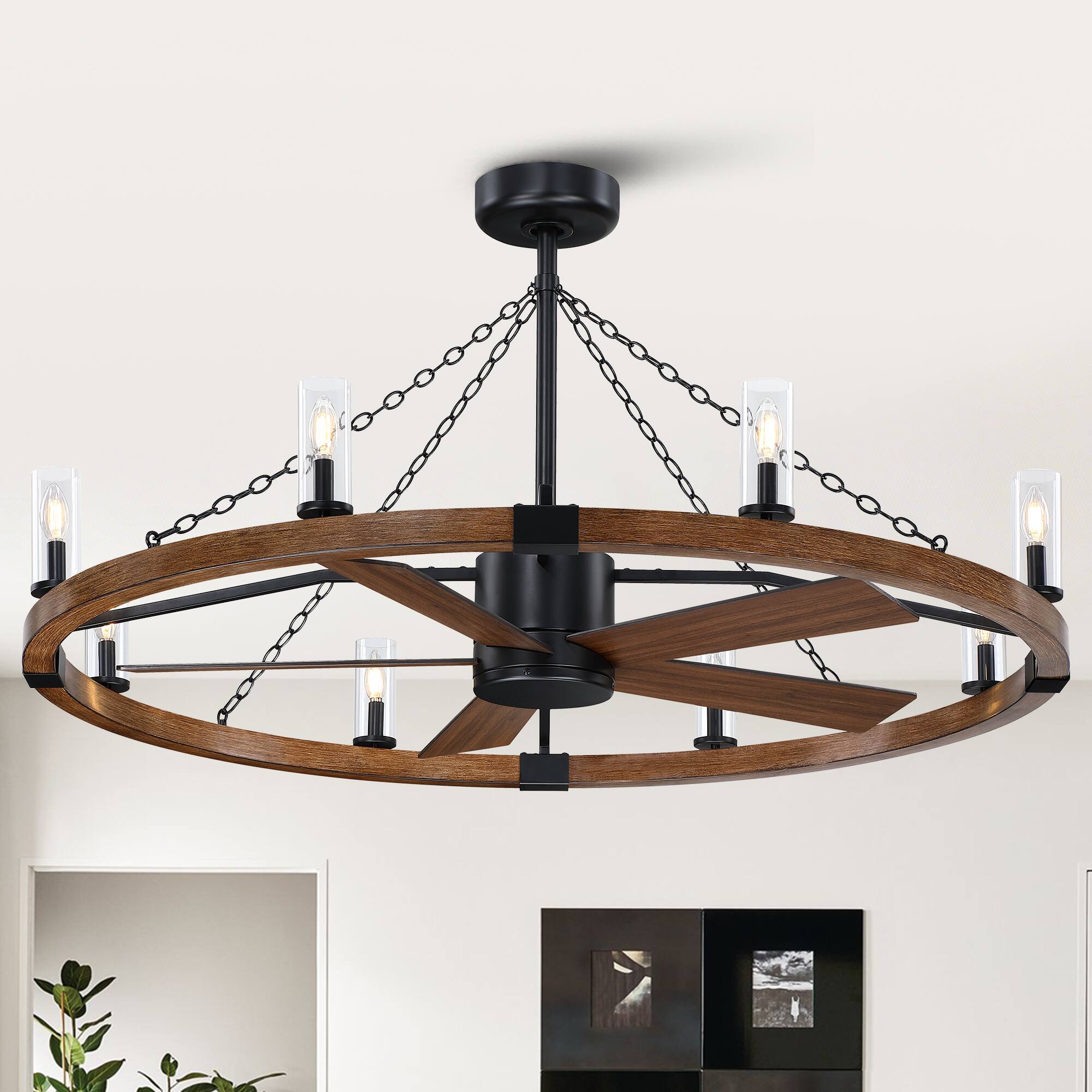 Front. Parrot Uncle - 52" Black Modern Wagon Wheel Chandelier Ceiling Fan with Light and Bubble Acrylic Shade - Black.