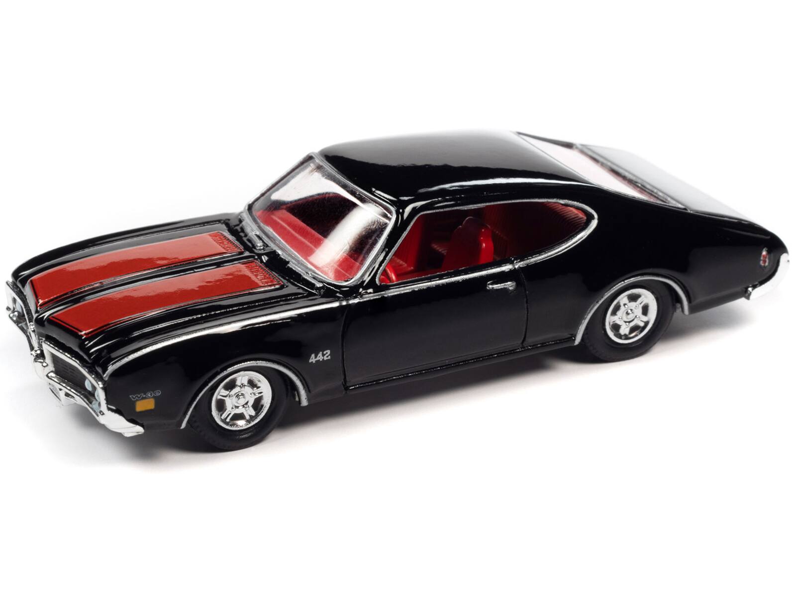 Left. Racing Champions - 1969 Oldsmobile 442 Black with Red Stripes & Interior Racing Champions Mint 2022 Release 2 1/64 LTD 8572 - Black with Red.