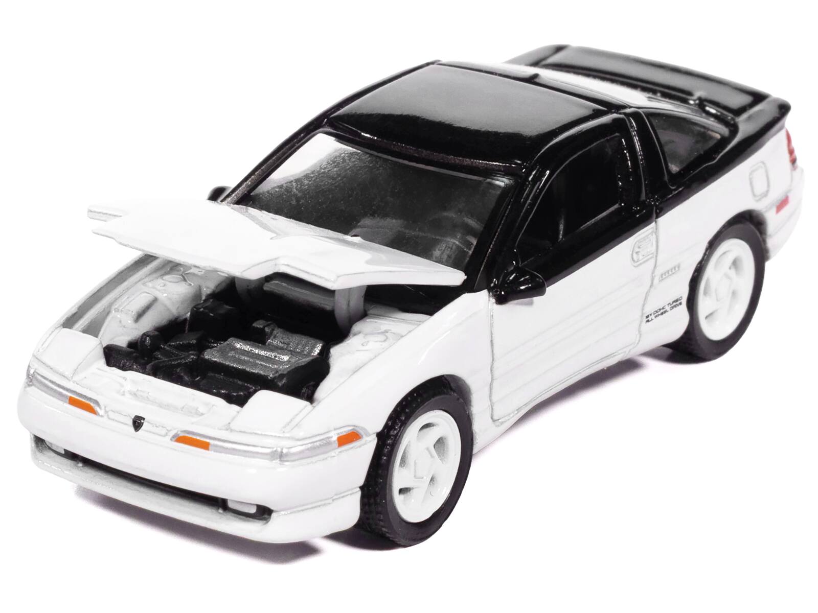 Angle. Autoworld - 1991 Eagle Talon TSi Bright White with Black Top "Modern Muscle" Series 1/64 Diecast Model Car by Auto World - White and Black.