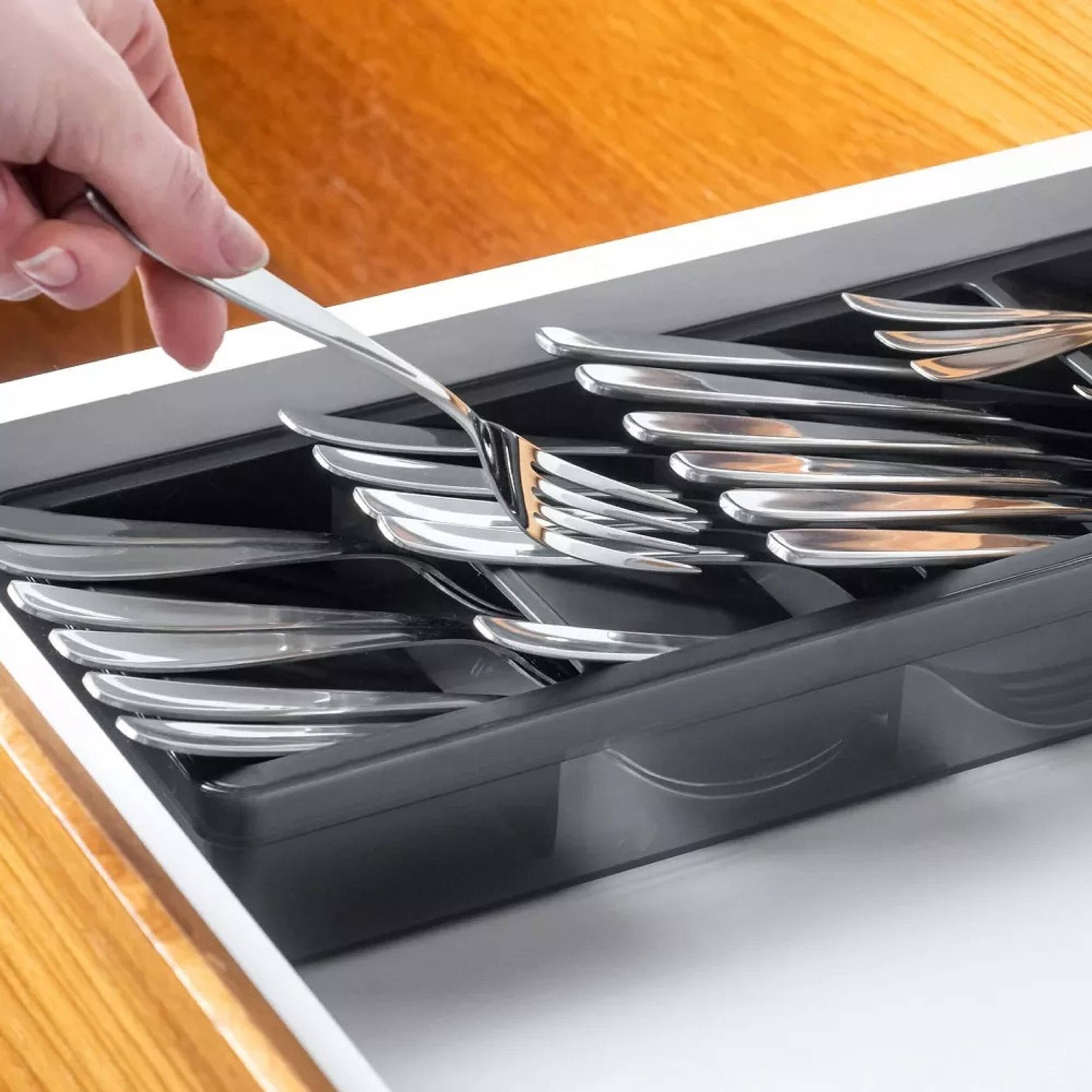 Left. OU - OU In-Drawer Silverware & Utensils Organizer, 5 Compartments Flatware Storage - 14.75" x 5.9" - Black - Black.