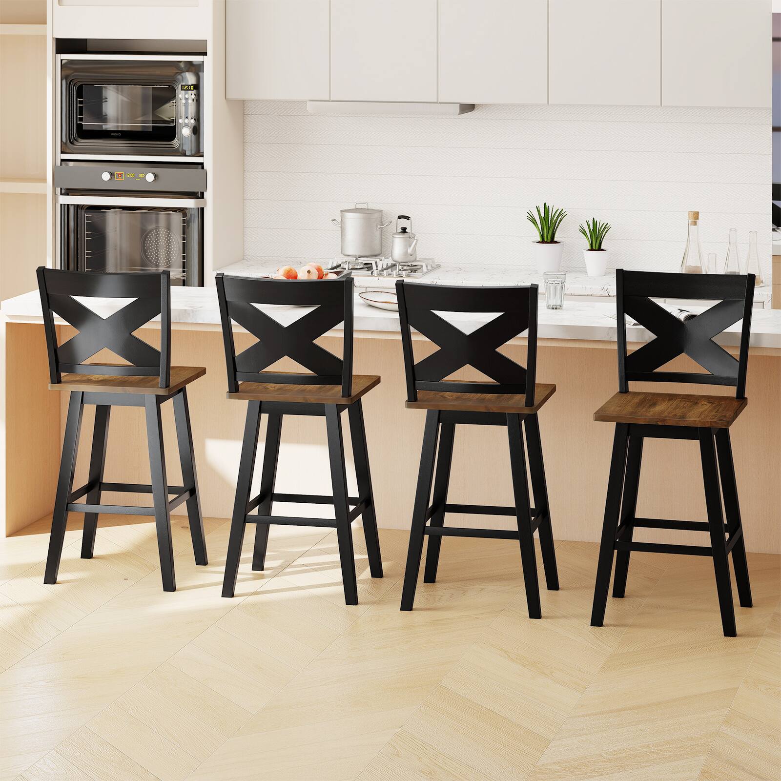 Alt View 1. Gymax - Gymax 29'' Swivel Barstools Set of 4 w/Backrest Large Seat Footrest for Kitchen Island Black & Walnut - Black.