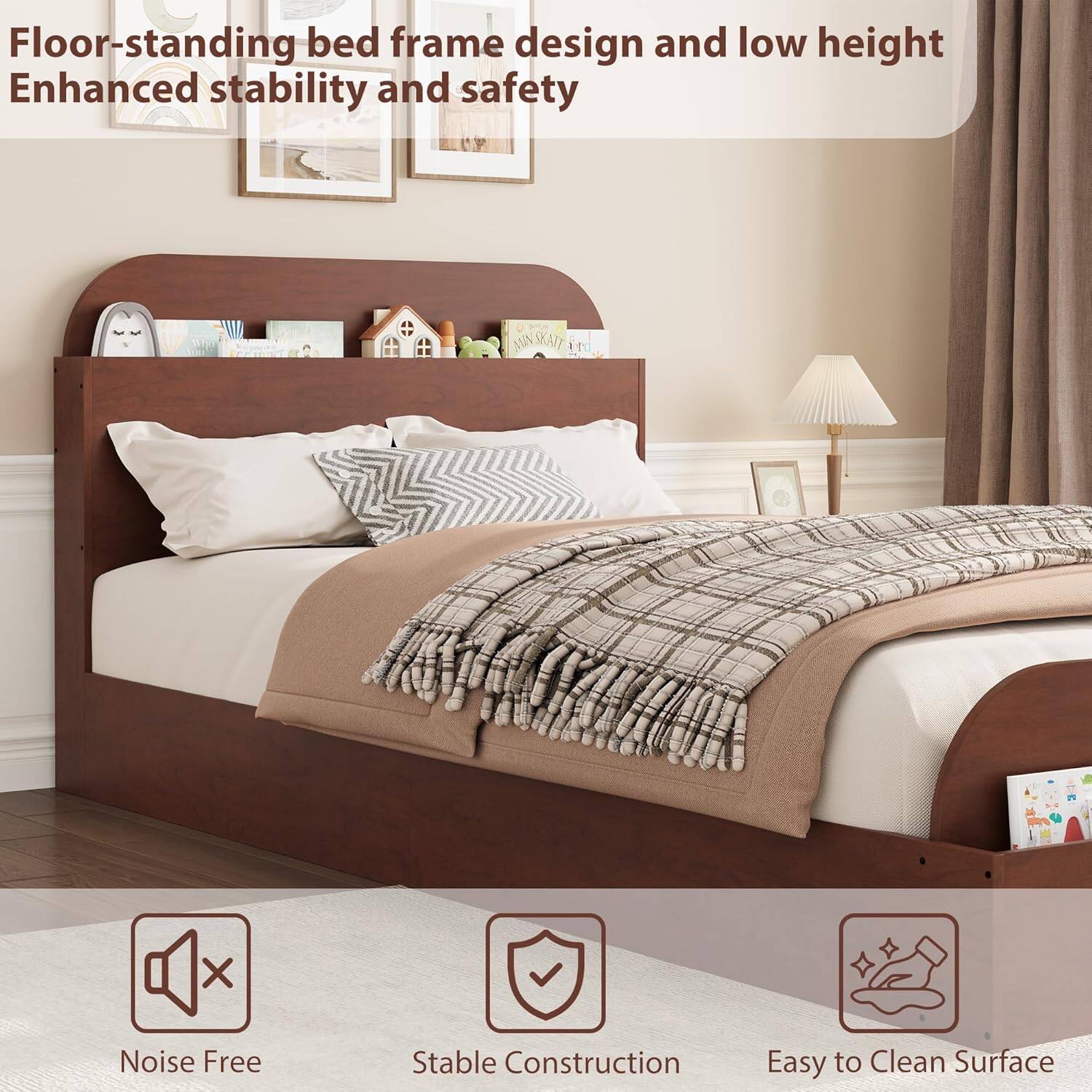 Floor-standing bed frame design and low height  
Enhanced stability and safety  

Noise Free  
Stable Construction  
Easy to Clean Surface